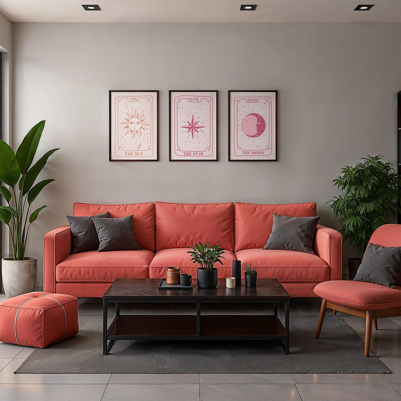 SoulAbiti Pink Tarot Arcana Triptych set of 3 Framed Wall Print 12x18 inch Dark Brown Frame Plexi-Glass Spiritual Art ready to hang for living room bedroom office decor 1