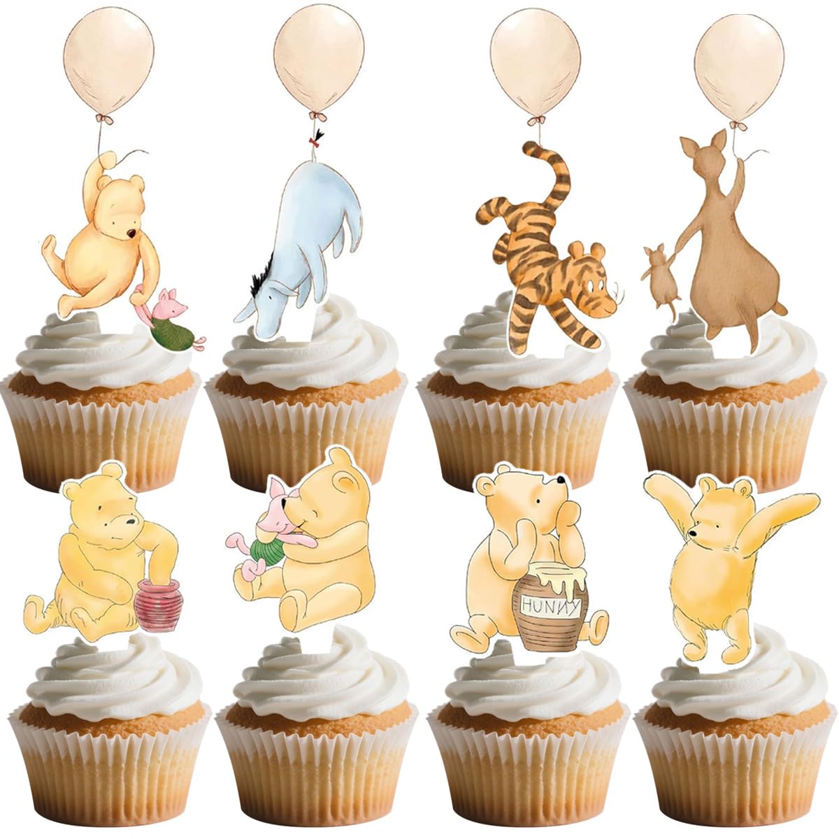 32 pcs Classic Winnie Cupcake Toppers for Welcome Party Shower or First Birthday Pooh Cake Decorations for Bear Theme Party