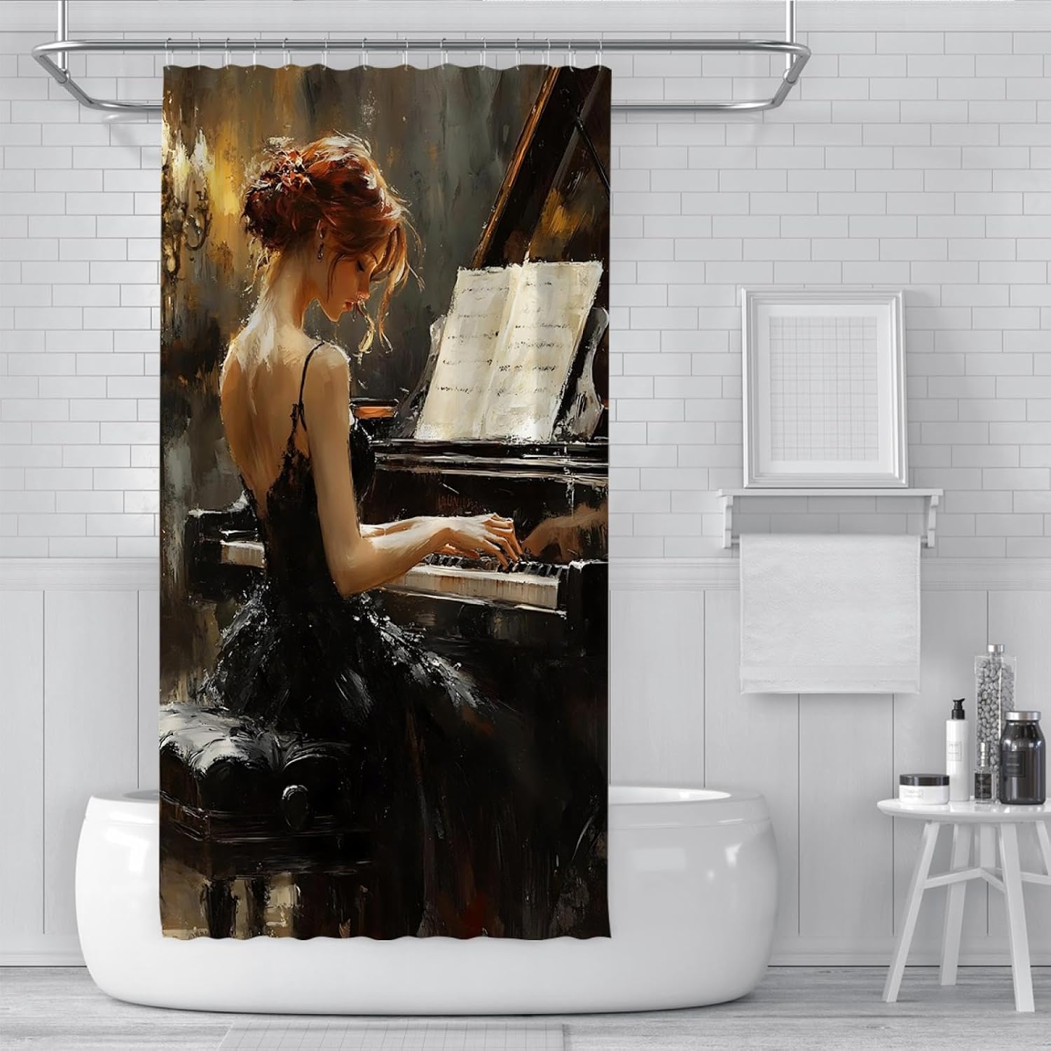 Music Theme Shower Curtain 36x72 Woman Playing Piano Bath Curtain Modern Bathroom Accessories Sets with Hooks Bathroom Decor