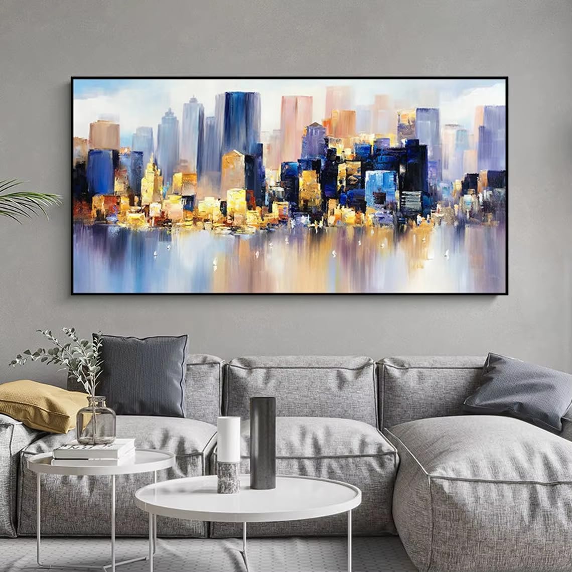 LTjiajuypd Quadro astratto su tela con paesaggio notturno colorato e skyline moderno, decorazione da parete per camera da letto e casa (70x140 cm)