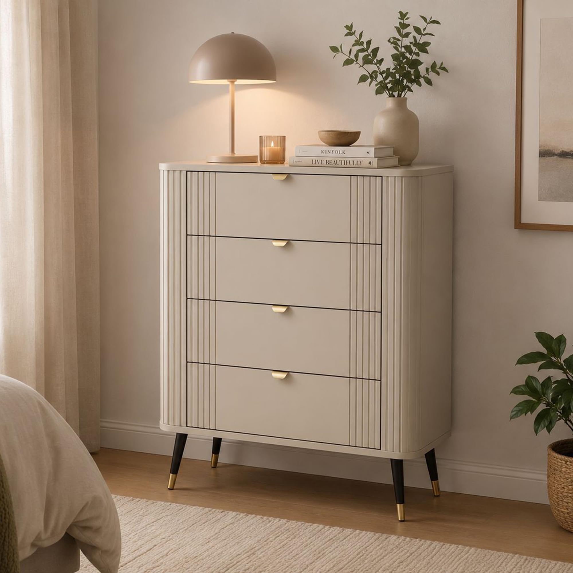 Dmora Cassettiera Babot 78x40x98h cm Beige Cashmere 4 Cassetti Apertura Scorrevole, Chiusura Scorrevole