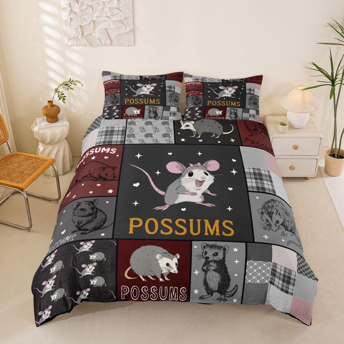 Homewish Cartoon Oposy zwierzę patchworkowa czerwona szara poszewka na kołdrę podwójna kawaii kratka zestaw pościeli geometryczny pasek poszewka na kołdrę naturalna przyroda zestawy łóżek