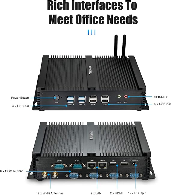 KINGDEL Fanless Mini Desktop Computer, Powerful Industrial PC with Core i7 CPU, 8GB RAM, 128GB SSD, 2xNICs, 2xHD Ports, 4xUSB 3.0, 6xCOM RS232, WiFi, Silent Working