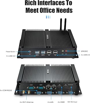 KINGDEL Fanless Mini Desktop Computer, Powerful Industrial PC with Core i7 CPU, 8GB RAM, 128GB SSD, 2xNICs, 2xHD Ports, 4xUSB 3.0, 6xCOM RS232, WiFi, Silent Working