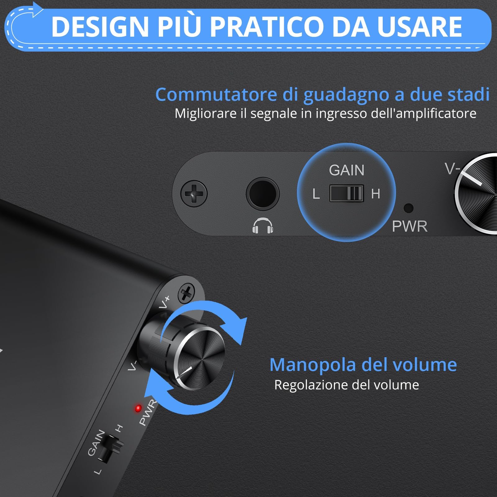 Amplificatore per Cuffie Hi-Fi Portatile Ricaricabile 16-300Ω Due Livelli di Guadagno Manopola Volume Ingresso/Uscita 3,5 mm