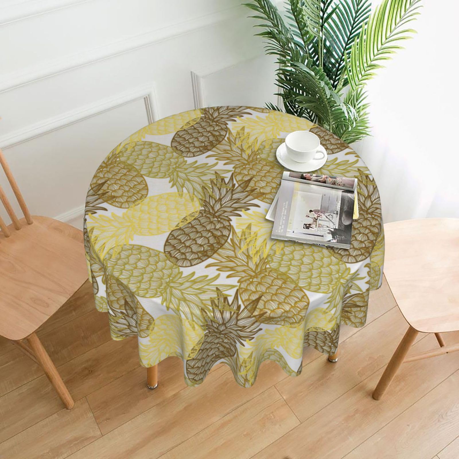 VCzsdff Exotic Tropical Pineapples Print Stain Resistant Round Tablecloth 60in Family Friendly Polyester Cloth for Kids Meals