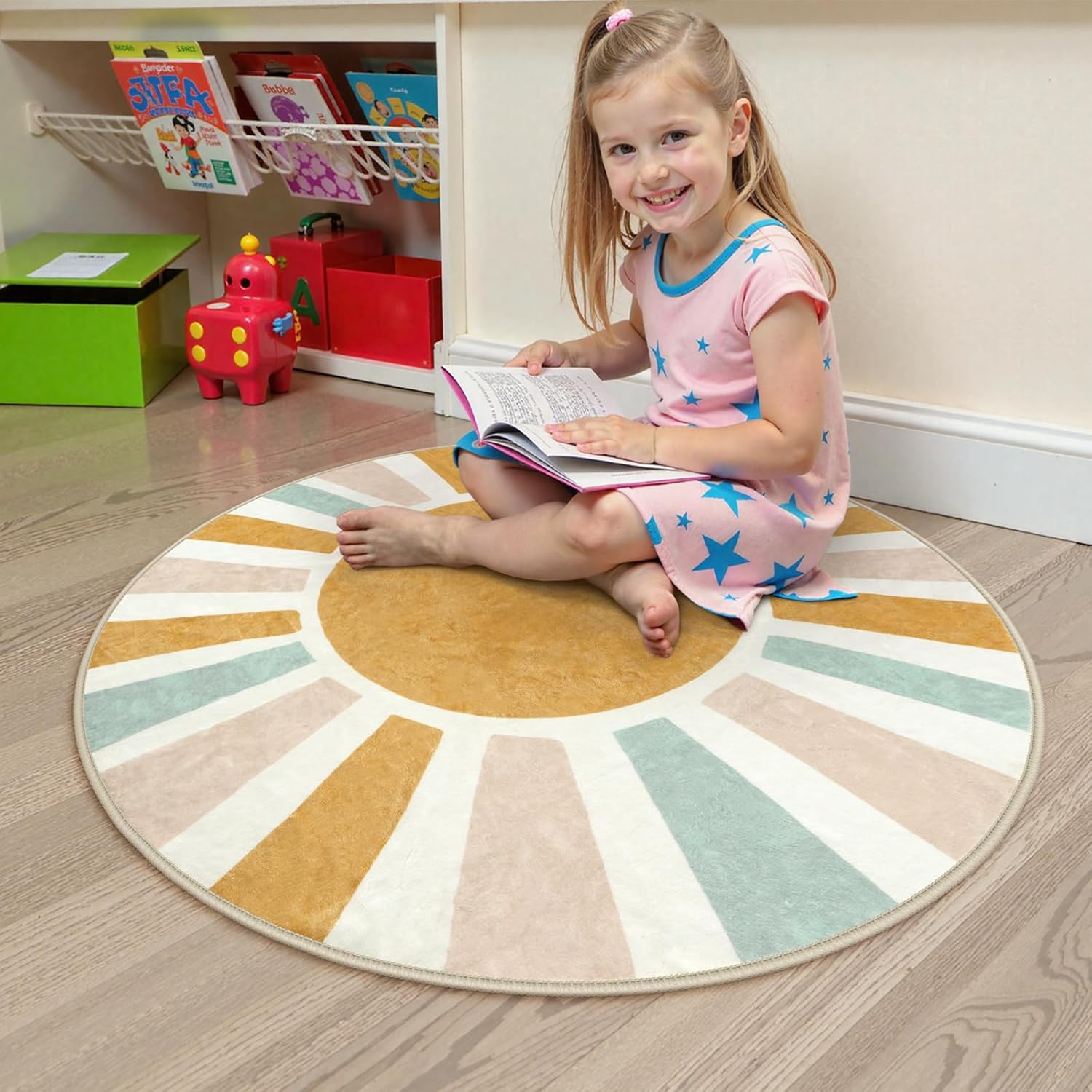 LIVEBOX Retro Sun Round Rug 4ft Boho Rug for Nursery Room,Non-Slip Circle Ultra Soft Cute Colorful Kids Rugs for Bedroom,Washable Throw Area Rugs Carpet for Living Room Indoor Office