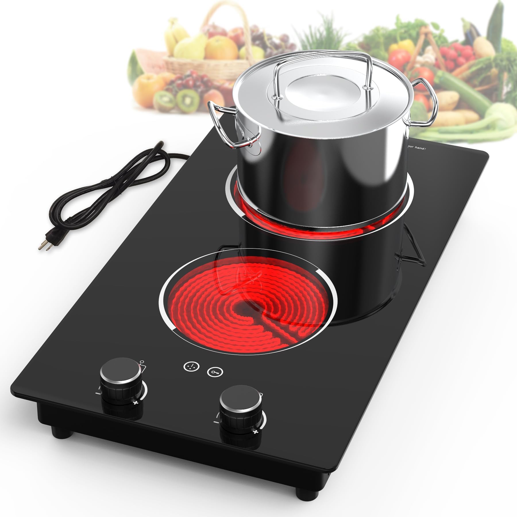Electric Cooktop,110V 2100W Electric Stove Top with Knob Control, 10 Power Levels, Kids Lock & Timer, Hot Surface Indicator, Overheat Protection,Built-in Radiant Double induction cooktop