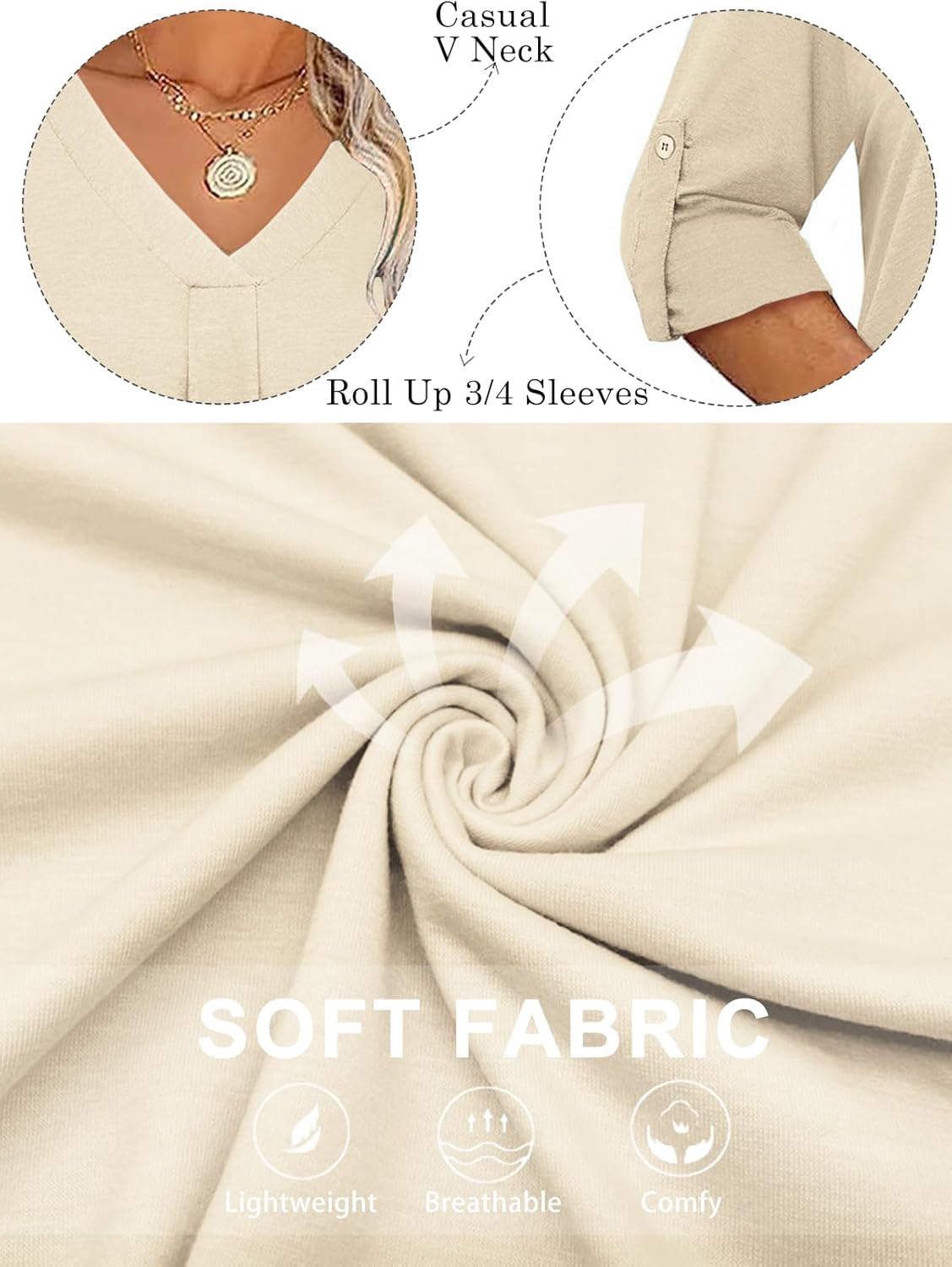 VISLILY Womens-Plus-Size-Dressy-Tops Casual V Neck T Shirts Cute Buttons Roll Up 3/4 Sleeves Tunics Flowy Pleated Blouses - Image 4