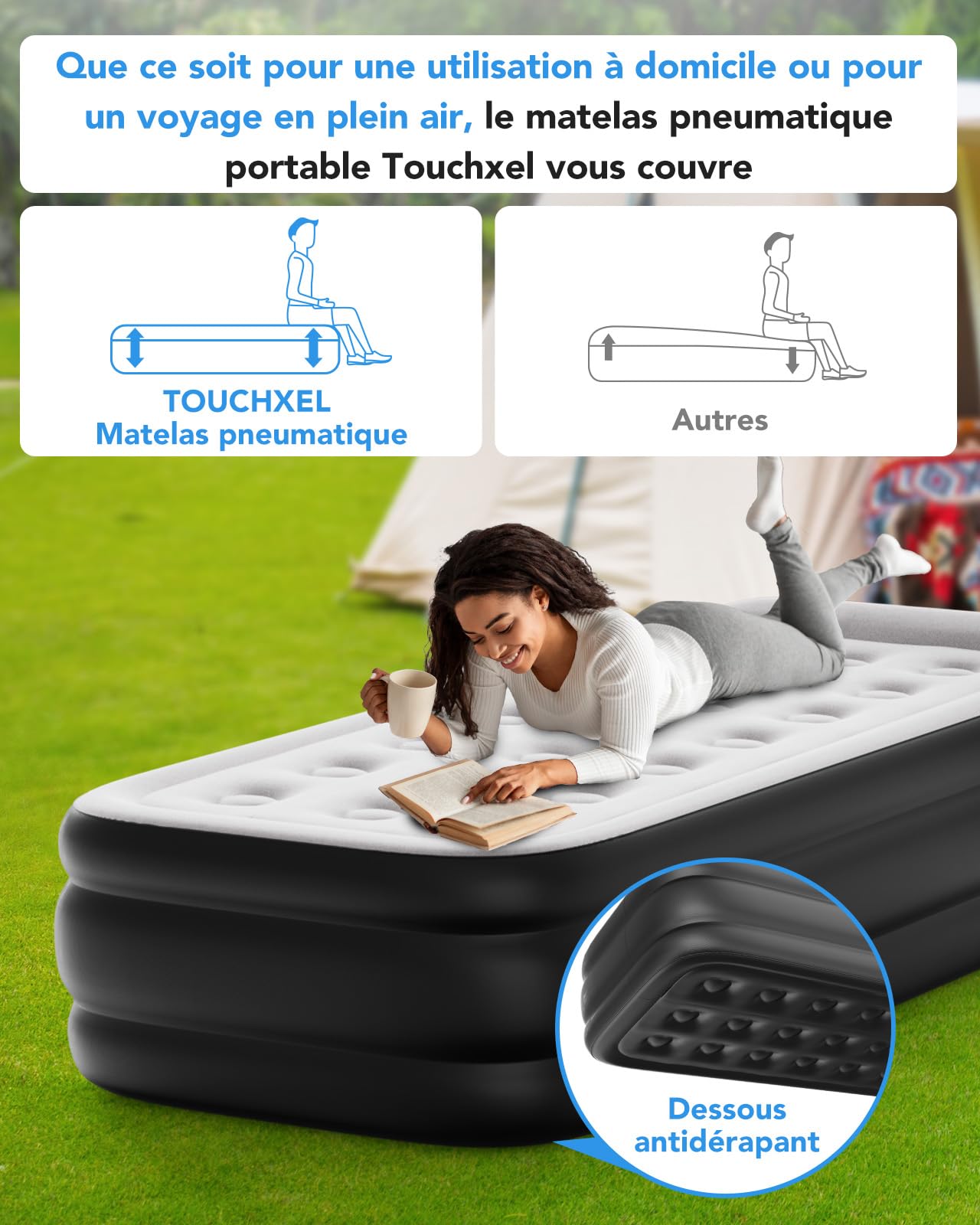 Matelas Gonflable 1 Place 196 x 97 x 47 cm avec Pompe Électrique Intégrée, Gonflage Ultra Rapide, Confort Exceptionnel, Idéal pour Invités et Voyage