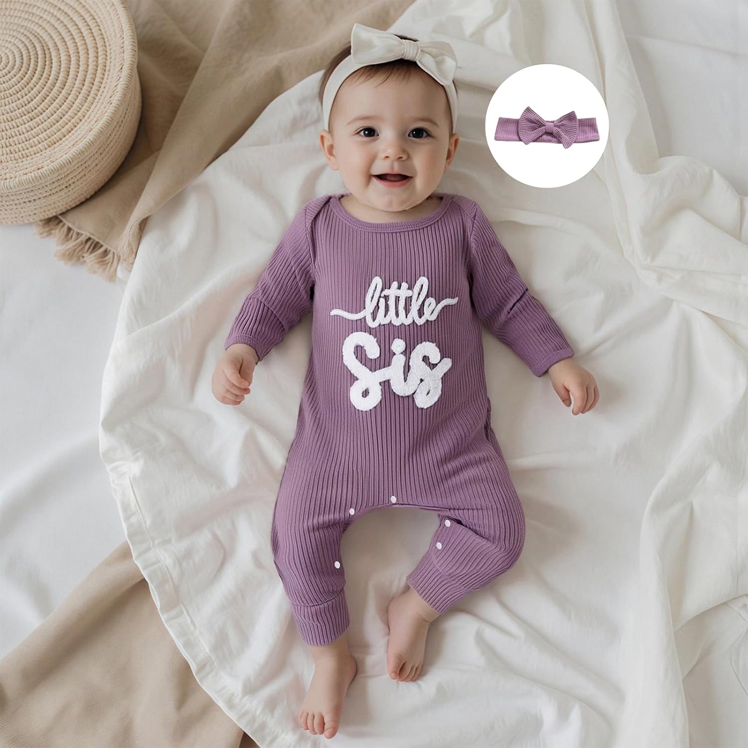 allshope Infant Baby Girl Fall Outfit Sweatshirt Romper Little Sister Lil Sis Long Sleeve Jumpsuit Newborn Clothes image 3