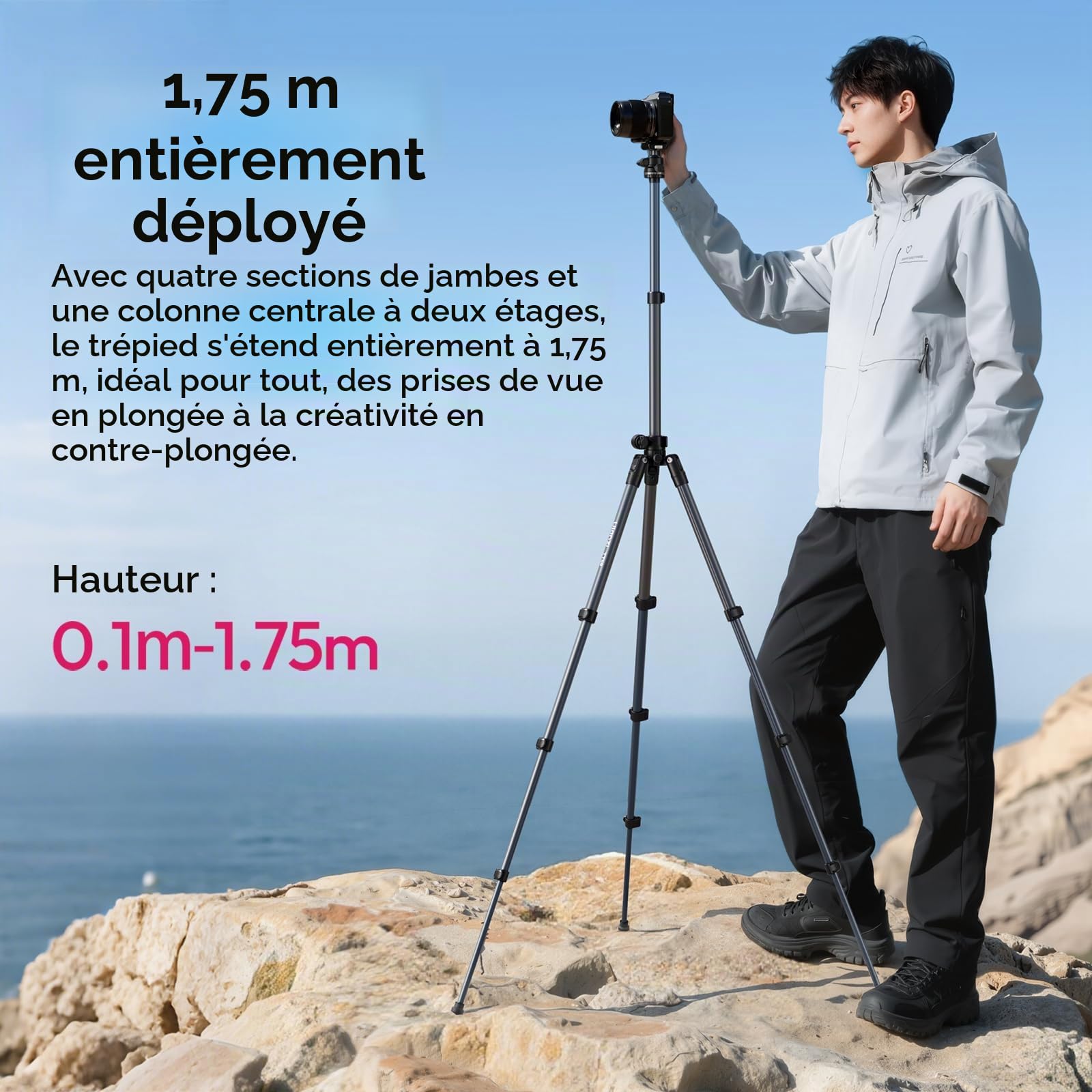 ULANZI TT59 175cm Trépied Appareil Photo avec Colonne Centrale Rotative à 360 degrés et Rotule, Trépied Horizontal Pliable en Aluminium pour DSLR Caméscope Smartphones (Poids 1,25 kg, Charge 10 kg)