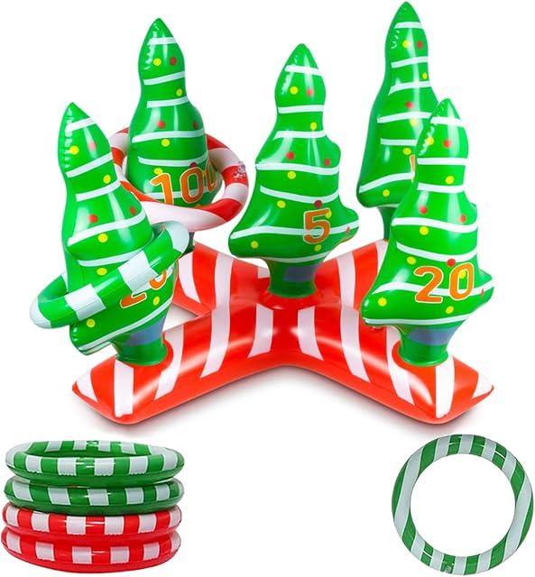Christmas Party Toss Game Inflatable Xmas Tree with 4 Rings,Inflatable Christmas Tree Throwing Rings for Kids Adults Family Xmas Holiday New Year Party Fun Outdoor Garden Games