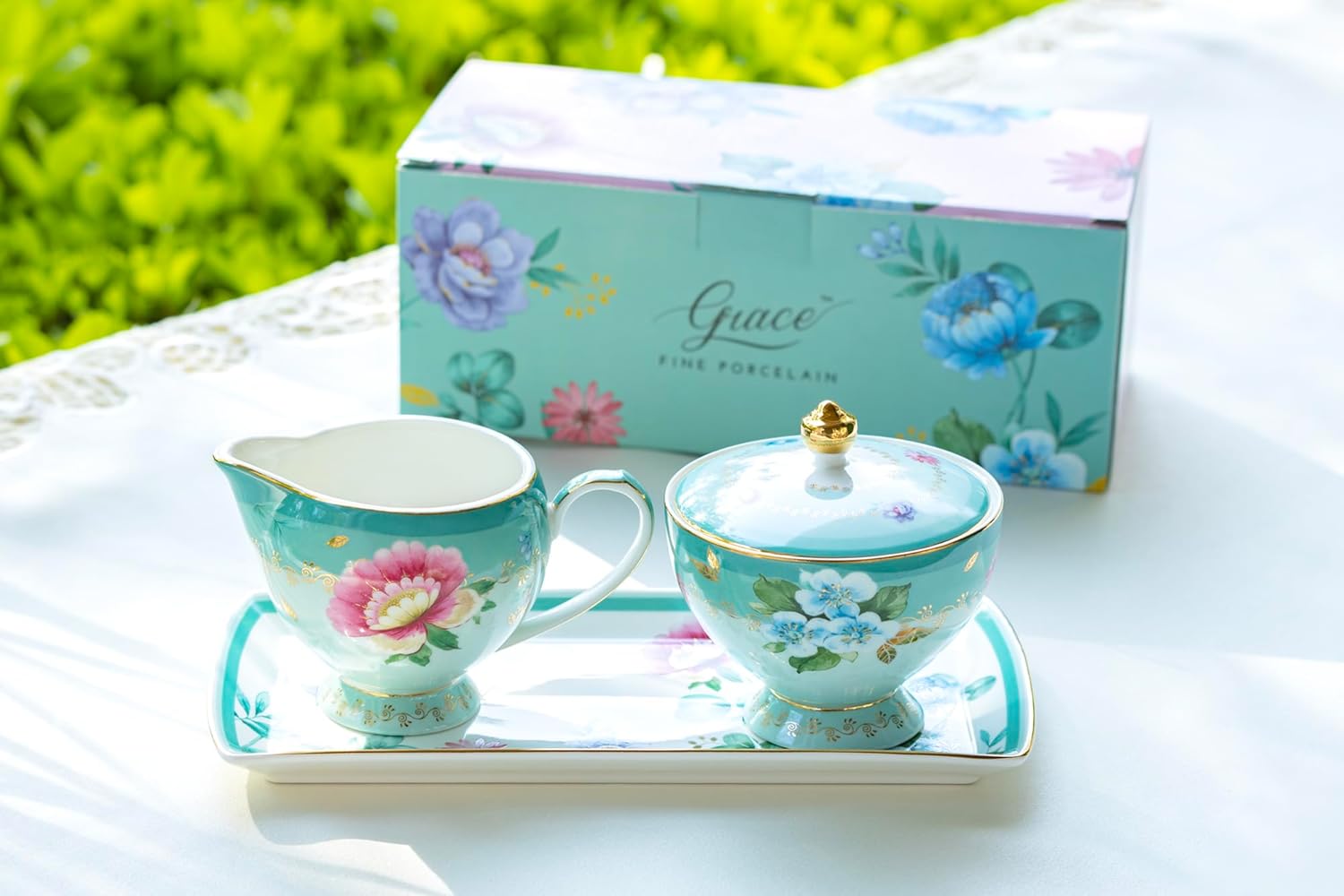 Grace Teaware Gift Boxed Mint Floral Bloom Fine Porcelain Sugar Creamer & Serving Tray Trio Set with Gold Trim