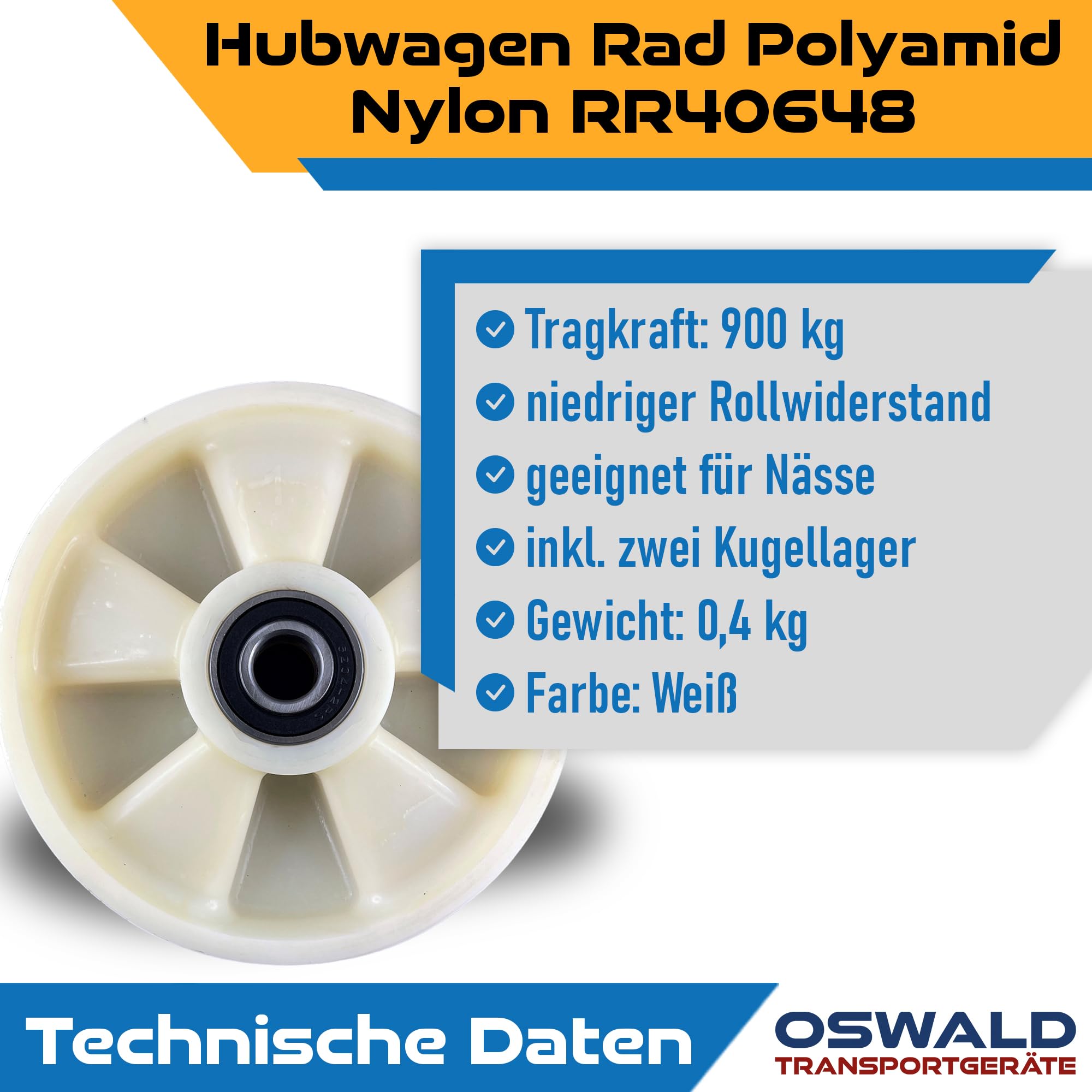 Hubwagen Rad Polyamid Nylon 200 x 50/50 mm, Achse 25 mm - Ersatzrad inkl. Kugellager