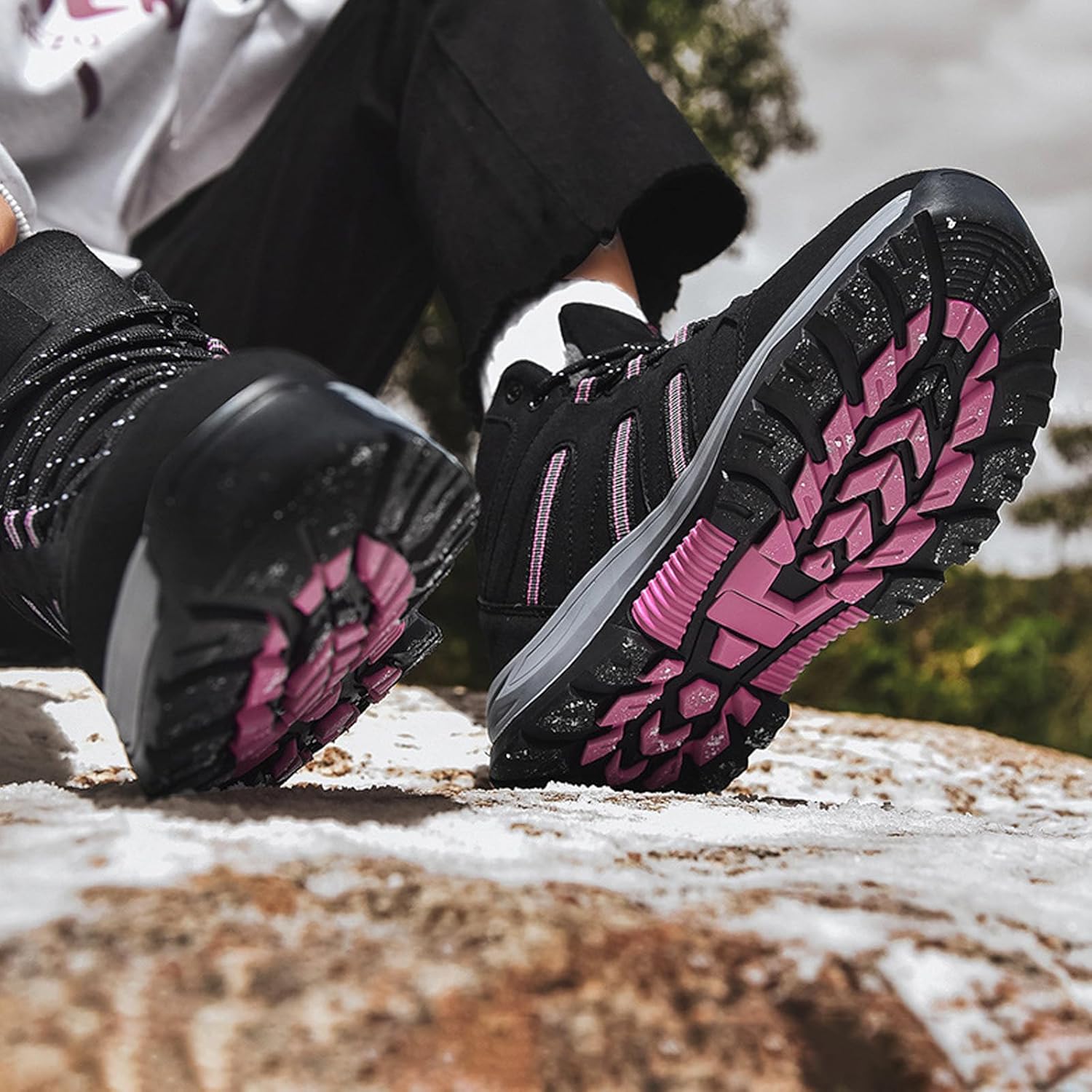 Women's Leather Warm Fur Lined Lug Sole Hiking Boots Lightweight Comfortable Anti-Slip Lace Up High Top Platform Soft Trekking Shoes Winter Casual Outdoor Walking Snow Ankle Boots - Image 6