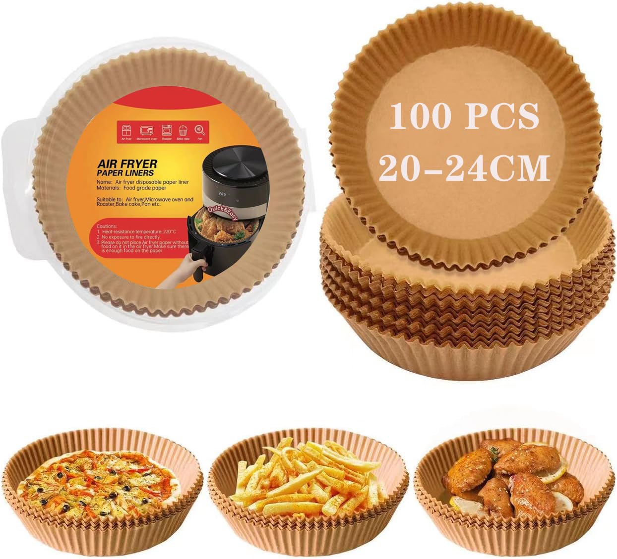 Airfryer - Papel de horno redondo para freidora de aire caliente, 100 unidades, 20-24 cm, papel de horneado para freidora de aire caliente, resistente al agua, a prueba de aceite,