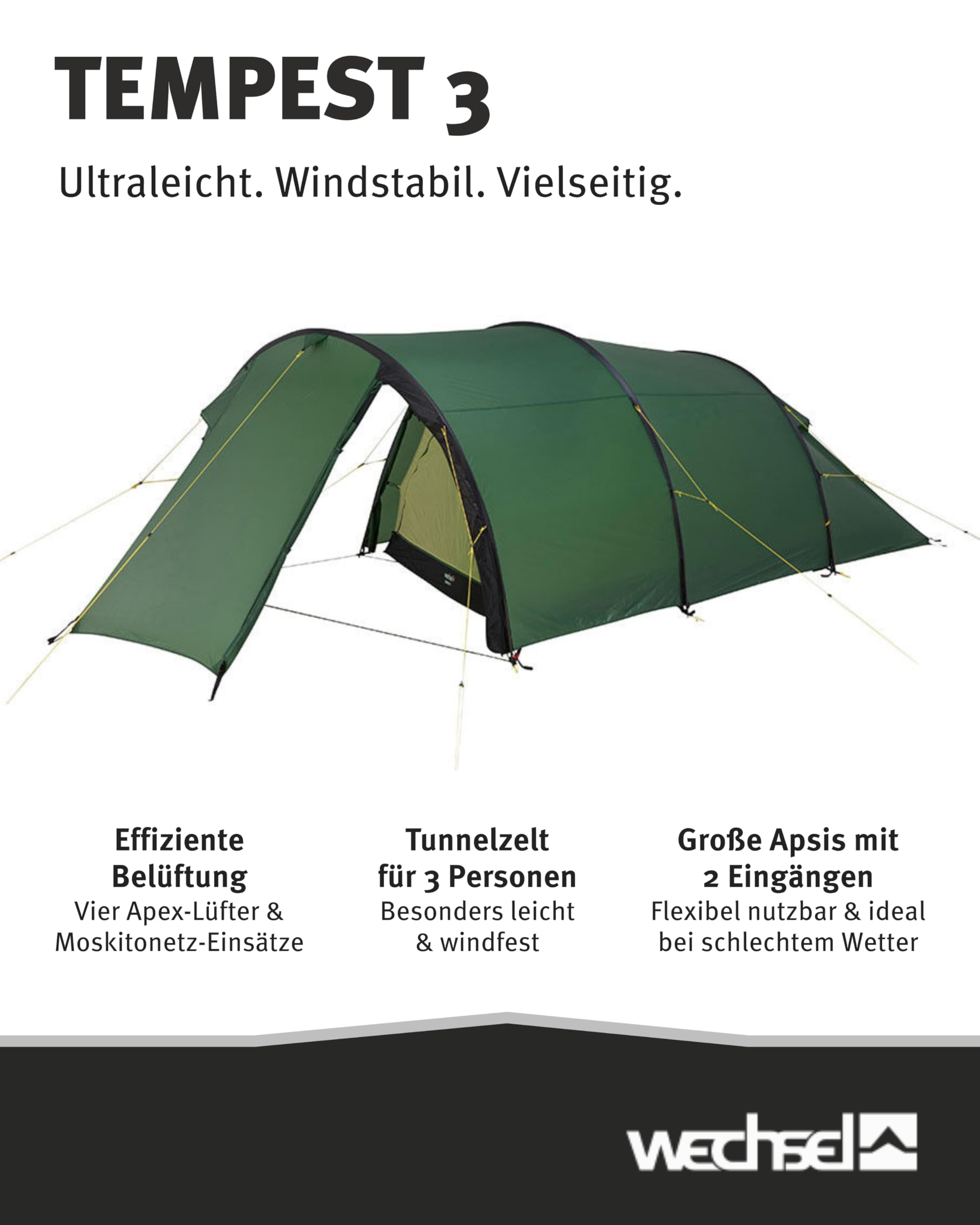 Wechsel Tempest 3 I Zero-G Tunnelzelt für 3 Personen I schnell aufbaubares Leichtgewichtszelt I kompakt & transportabel I ideales Outdoor-Zelt für Camping, Wandern & Radreisen