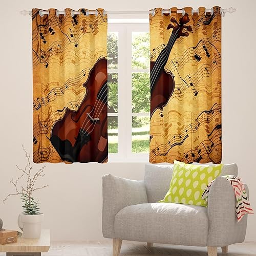 Miniatura 4 de Castle Fairy 3D Violin Window Curtain,Music Notes Curtains for Kids Girls Boys Teens Bedroom Decor,Retro Violin Instruments Window Treatment Curtain