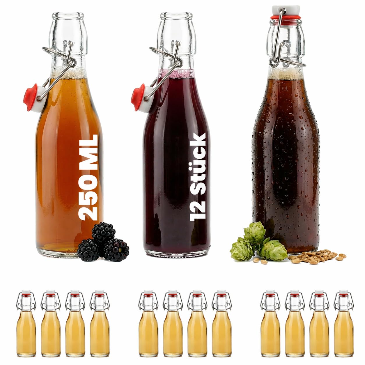 12 Stück 250 ml Bügelflaschen Bügelflasche Glasflasche mit Bügelverschluss Drahtbügel Flasche Bügelverschluss-Falsche Schnaps-flasche Weinflasche Nr. 200ML von slkfactory