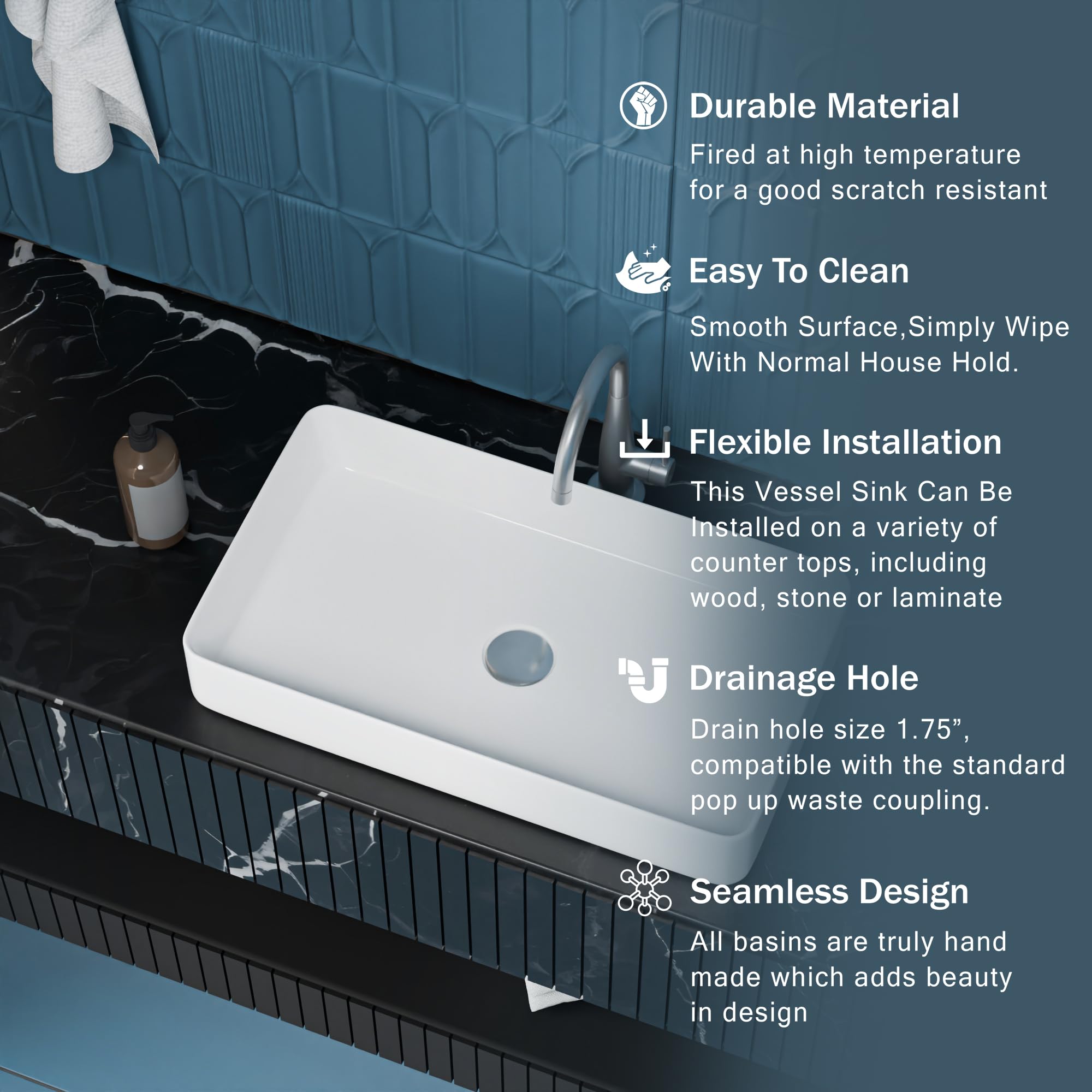 META Premium Rectangular Wash Basin | Contemporary Table Top Ceramic Sink for Bathroom | Sleek Glossy Finish | Modern Sanitary Ware for Home & Office (24x14x5 Inch) 3