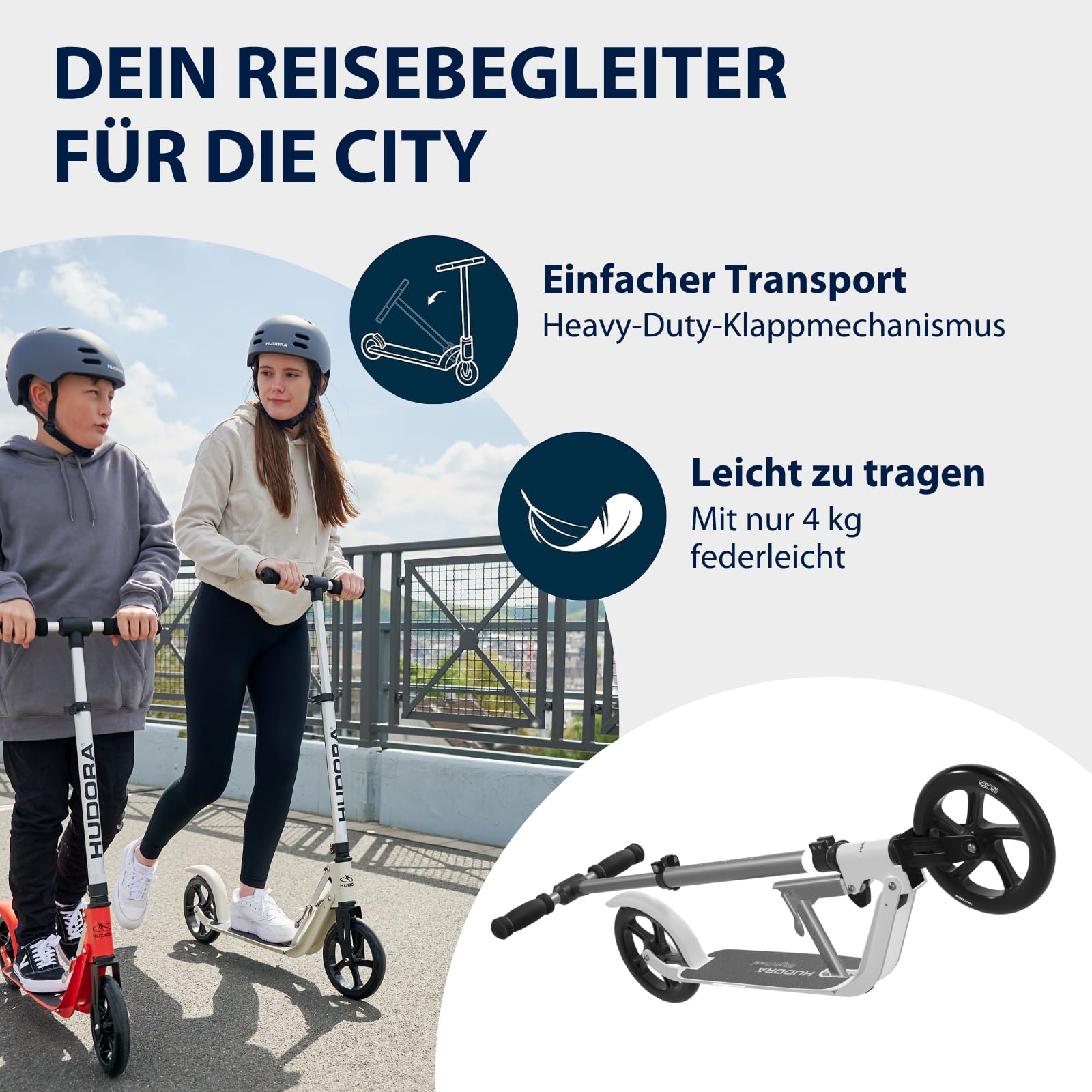 HUDORA BigWheel Pure Scooter I Stabiler Aluminium-Roller mit Ständer I Höhenverstellbarer & zusammenklappbarer Cityroller für bis zu 100kg I Tretroller für Jugendliche und Erwachsene