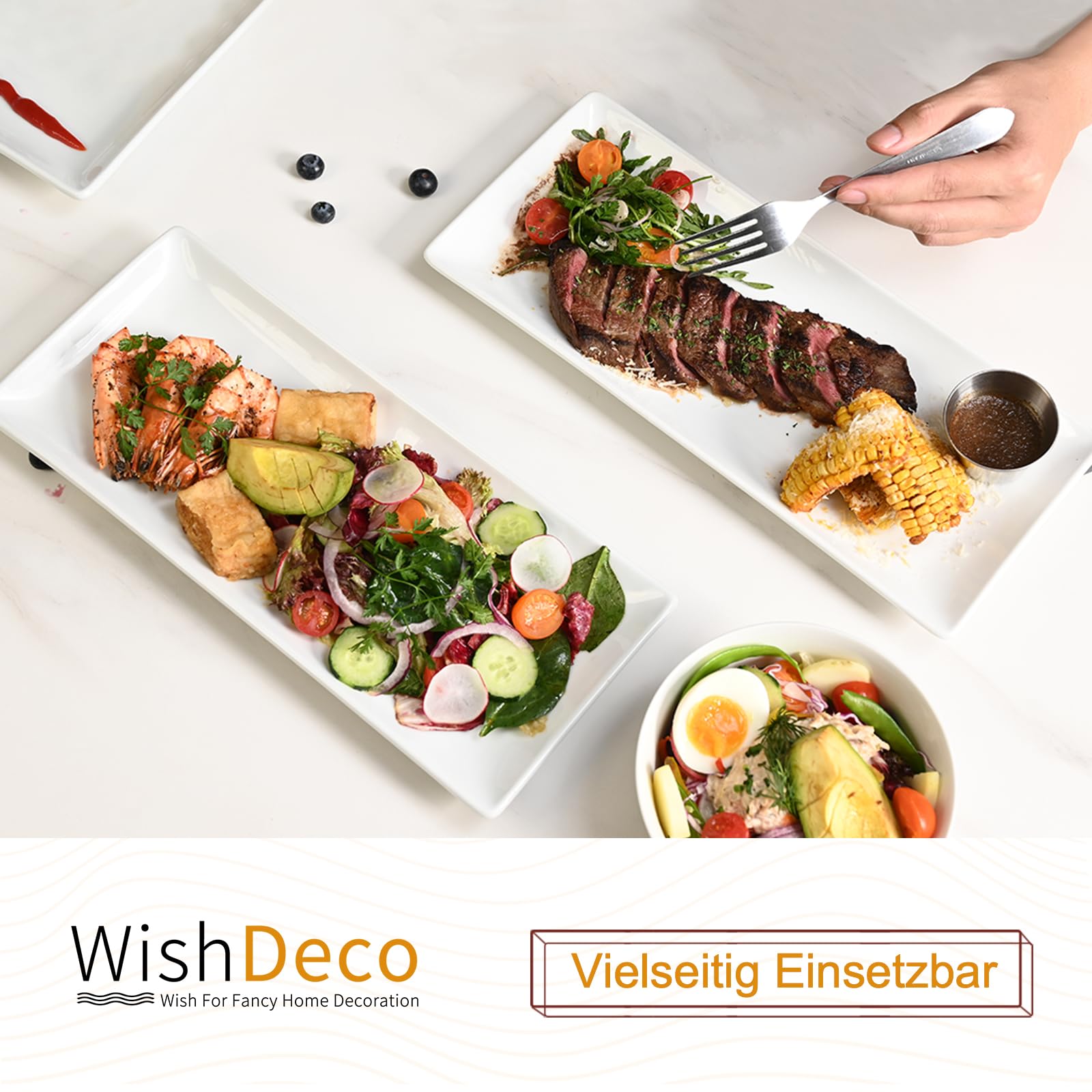 WishDeco Servierplatte 3er Set, Servierplatten Porzellan 35x15 cm, Servierteller Groß, Kuchenplatte Rechteckig, Teller Weiß für Kuchen, Sushi, Dessert, Fleisch, Fisch