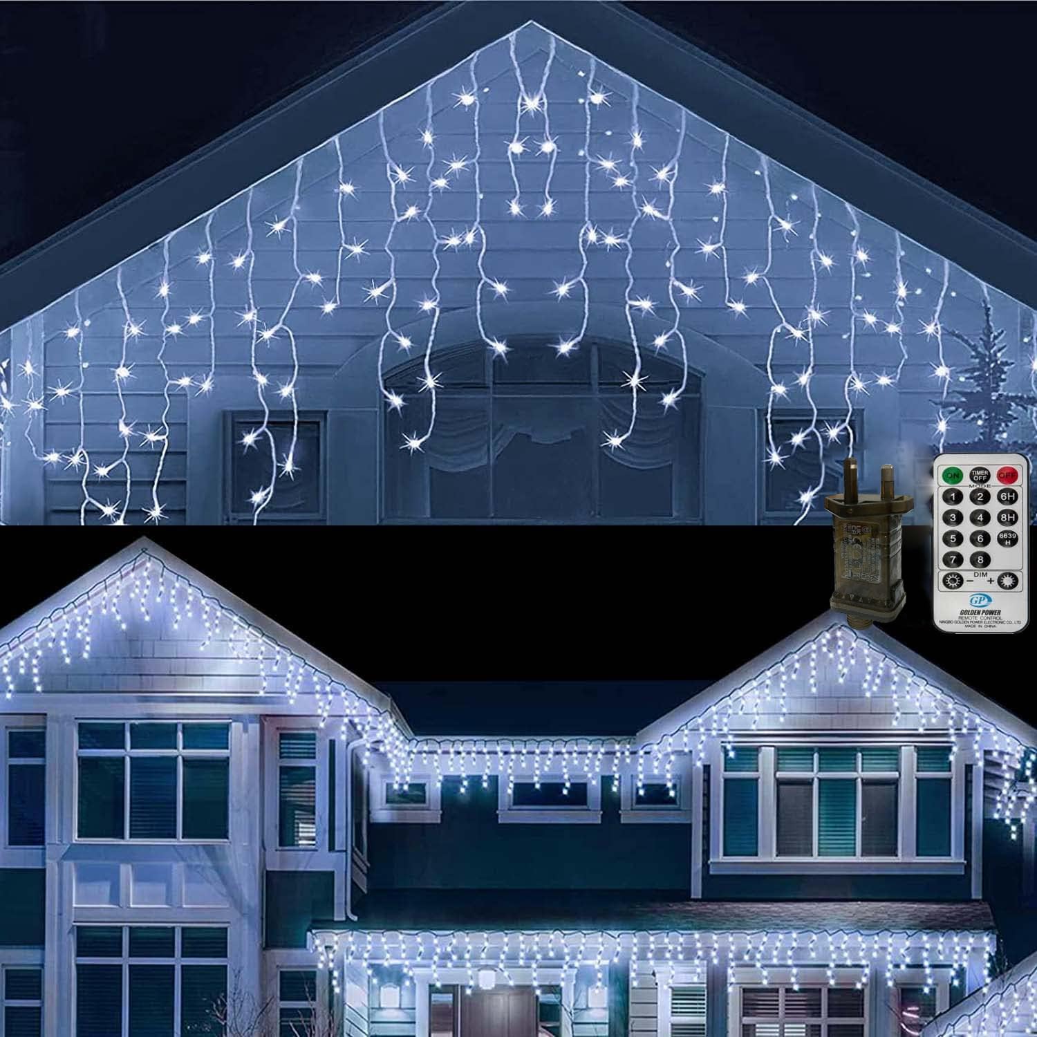 20M Icicle Lights Rideau de Noël extérieur Guirlandes lumineuses alimentées par le secteur Lumières de glace extérieures avec 108 gouttes pour décorations de Noël Gazebo d'intérieur, Blanc