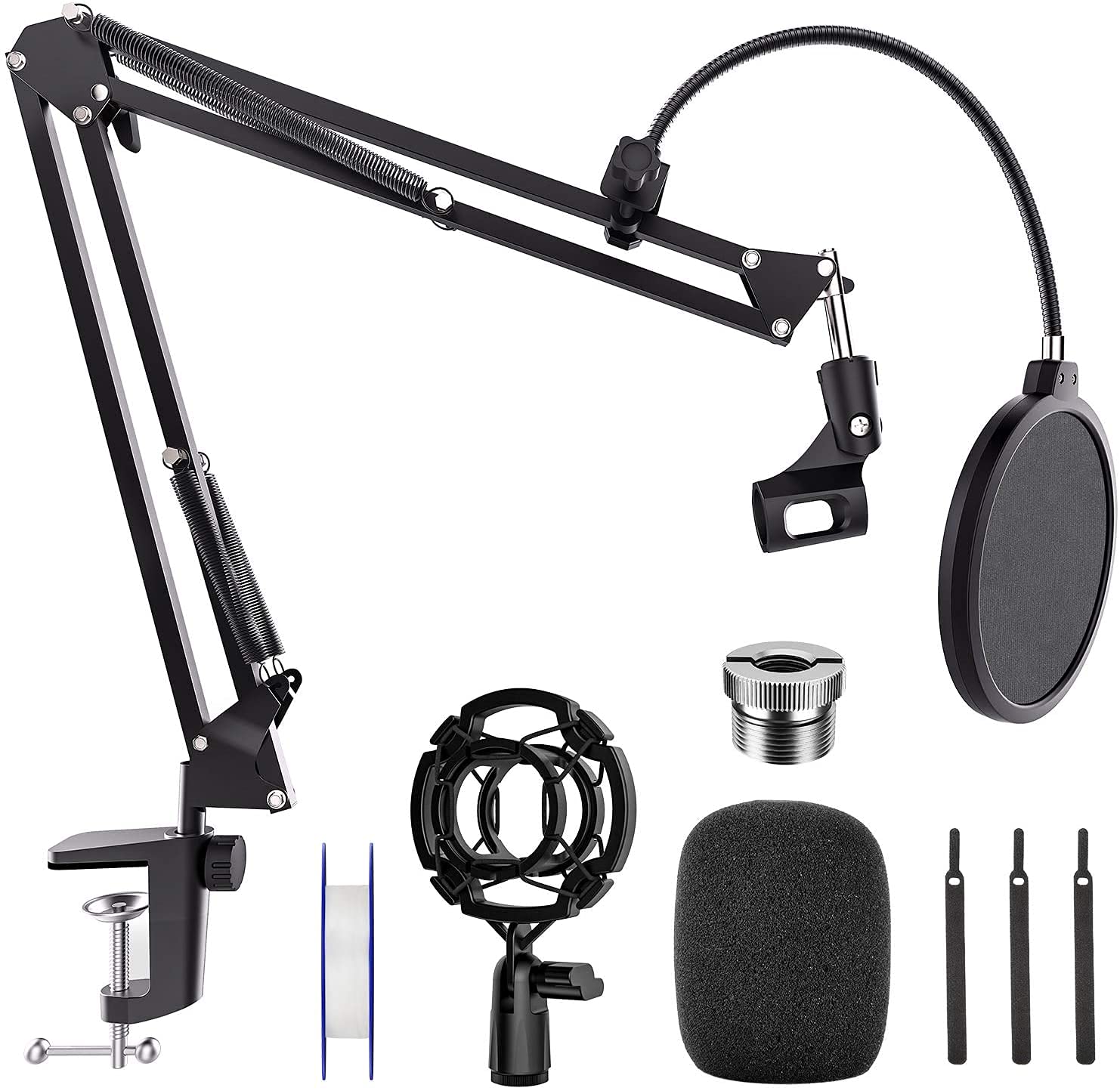 Microphone Stand Desk, Professional Adjustable Mic Stand Suspension Boom Scissor Arm Stand with Pop Filter, 3/8" to 5/8" Screw Adapter, Mic Clip, Heavy Duty Clamp for Blue Yeti Snowball Recording