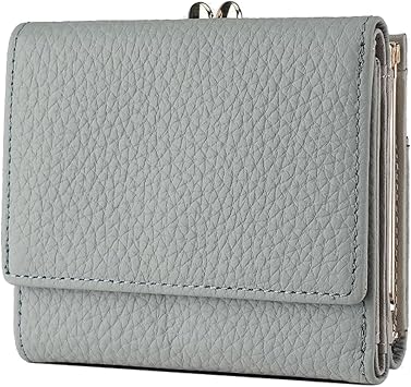 Mini Tri-Fold Wallet for Women, Ladies RFID Blocking Credit Card Holder, Genuine Leather Compact Coin Purse with 8 Card Slots & Kiss-Lock Coin Pocket - Pale Blue