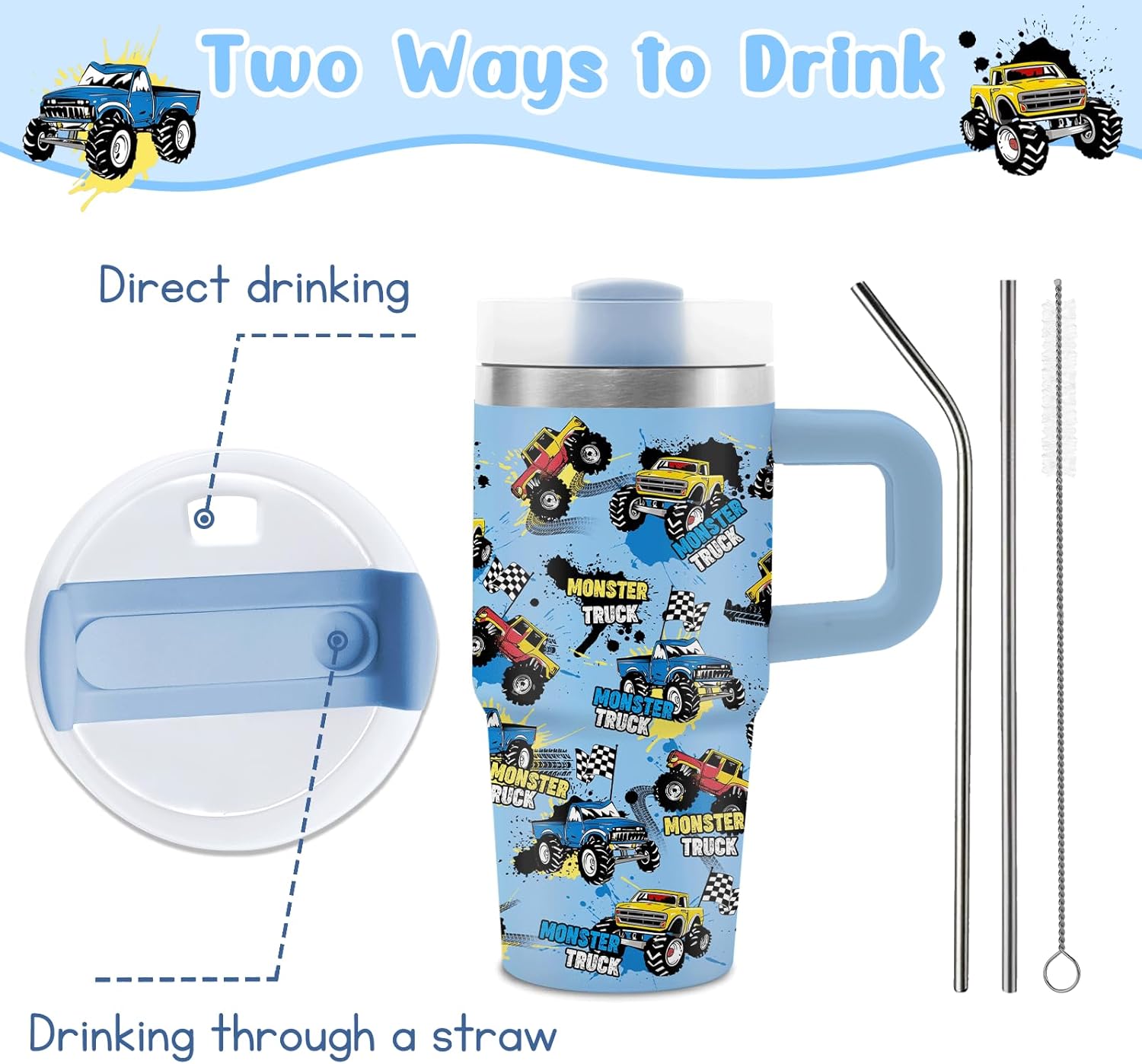 14 oz Monster Truck Tumbler with Handle and Straw for Kids, Insulated Stainless Steel Travel Mug for Boys, Double Wall Vacuum Reusable Cup, Birthday Gifts for Boys - Image 8