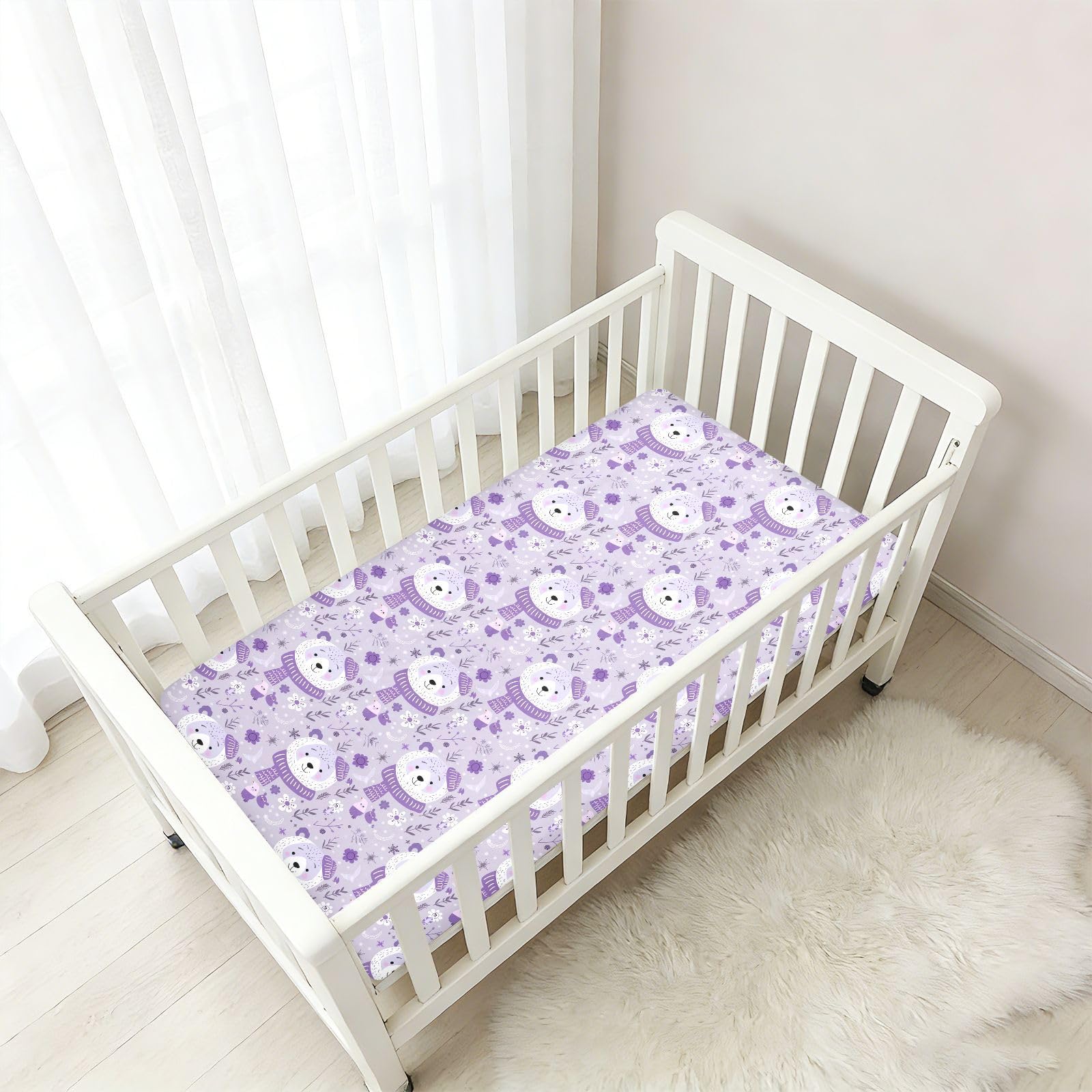 Sábanas de algodón para cuna de bebé, suave, diseño de oso lavanda, funda de ropa de cama para guardería, 1 paquete de juego de sabanas para 52 x 28 pulgadas