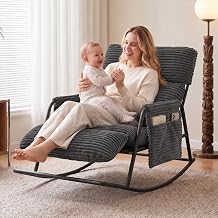 Nursery Rocking Chair with Footrest, 450 Lbs Capacity Heavy Duty Steel Frame, 3-Position Adjustable Backrest Nursing Chair for Leisure, Modern Corduroy Rocker with Side Pockets, Grey