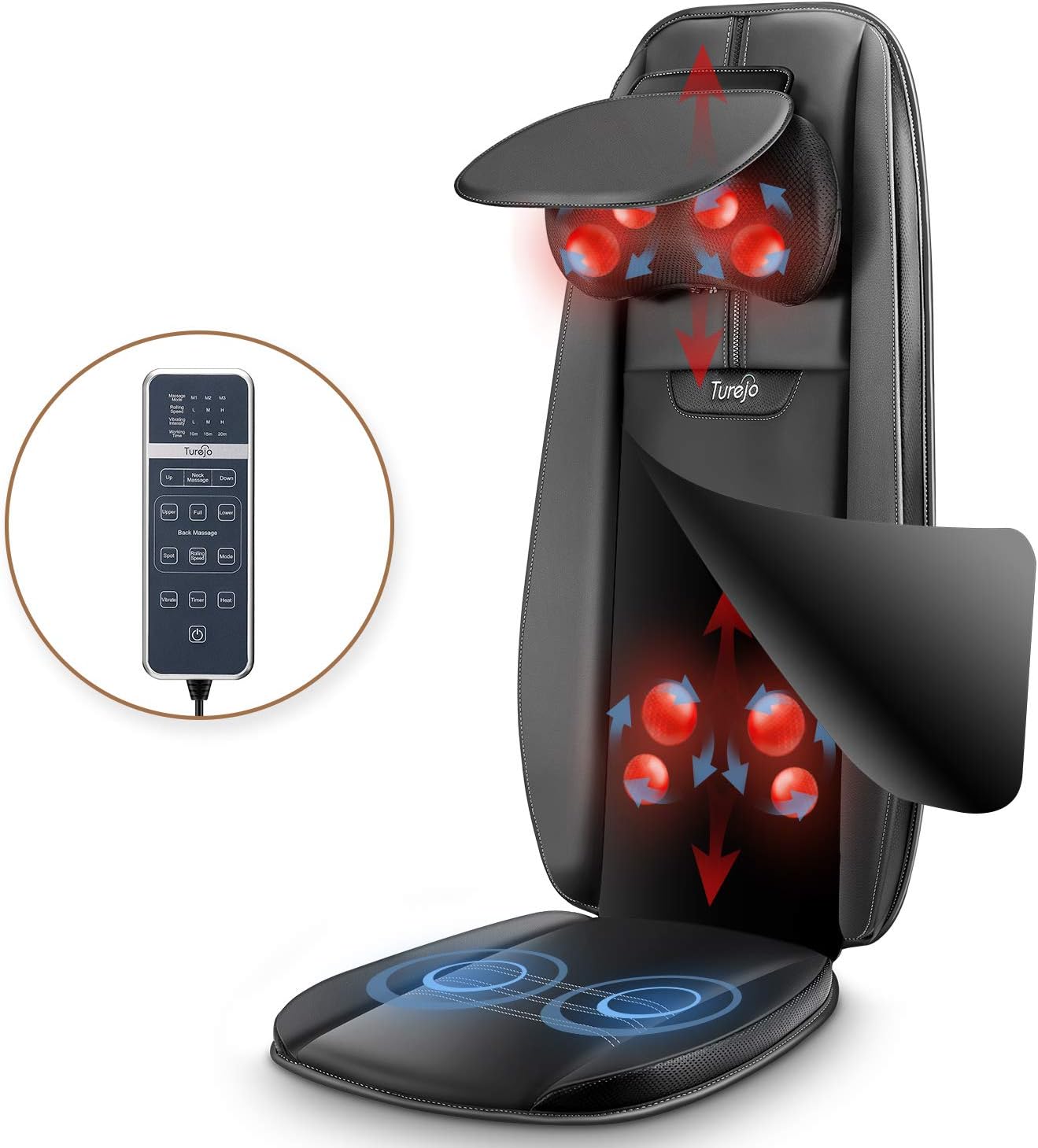 Turejo Shiatsu Neck & Back Massager with Heat- Massage Chair with Automatic Height Adjustment and Hip Vibration, Full Back Kneading Shiatsu and Rolling Massage for Full Body Muscle Pain Relief