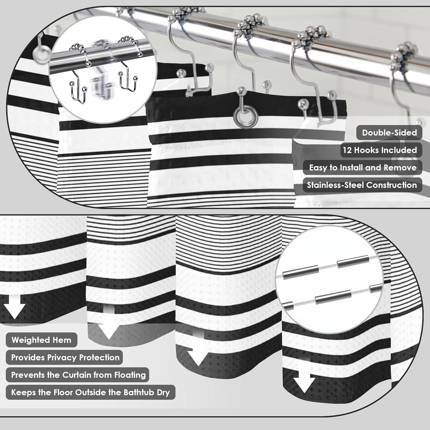 Britimes Black Stripes Bathroom Sets with Shower Curtain and Rugs, Modern Minimalist Geometric Waterproof Shower Curtain Liner and Soft Non Slip Bath Mat for Bathroom Decor and Accessories Hooks