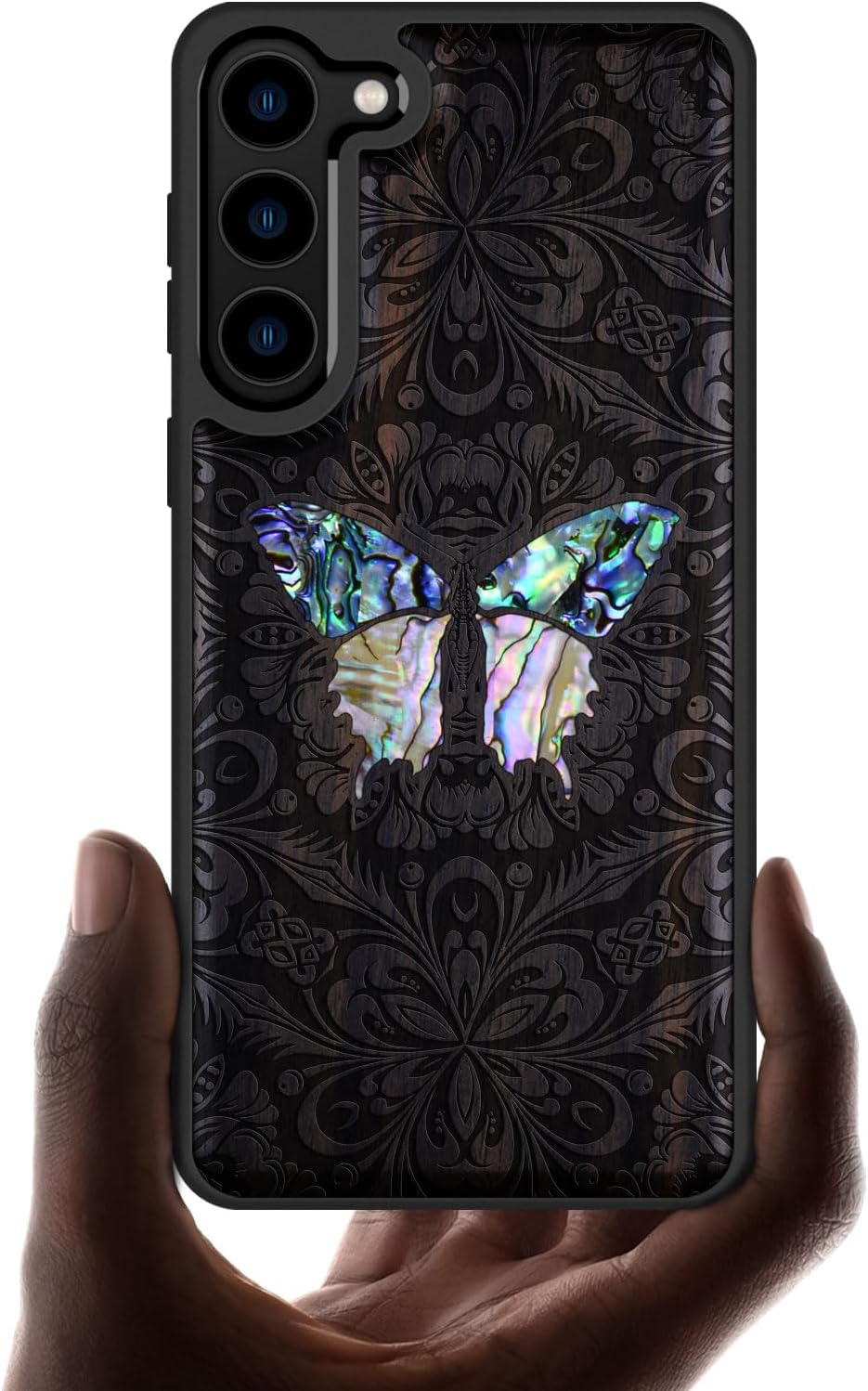 Carveit Designer Wooden Case for Samsung Galaxy S23 Cover [Wood Engraving & Shell Inlay] Compatible with Wireless Chargers S23 Case (Baroque Butterfly-Blackwood)