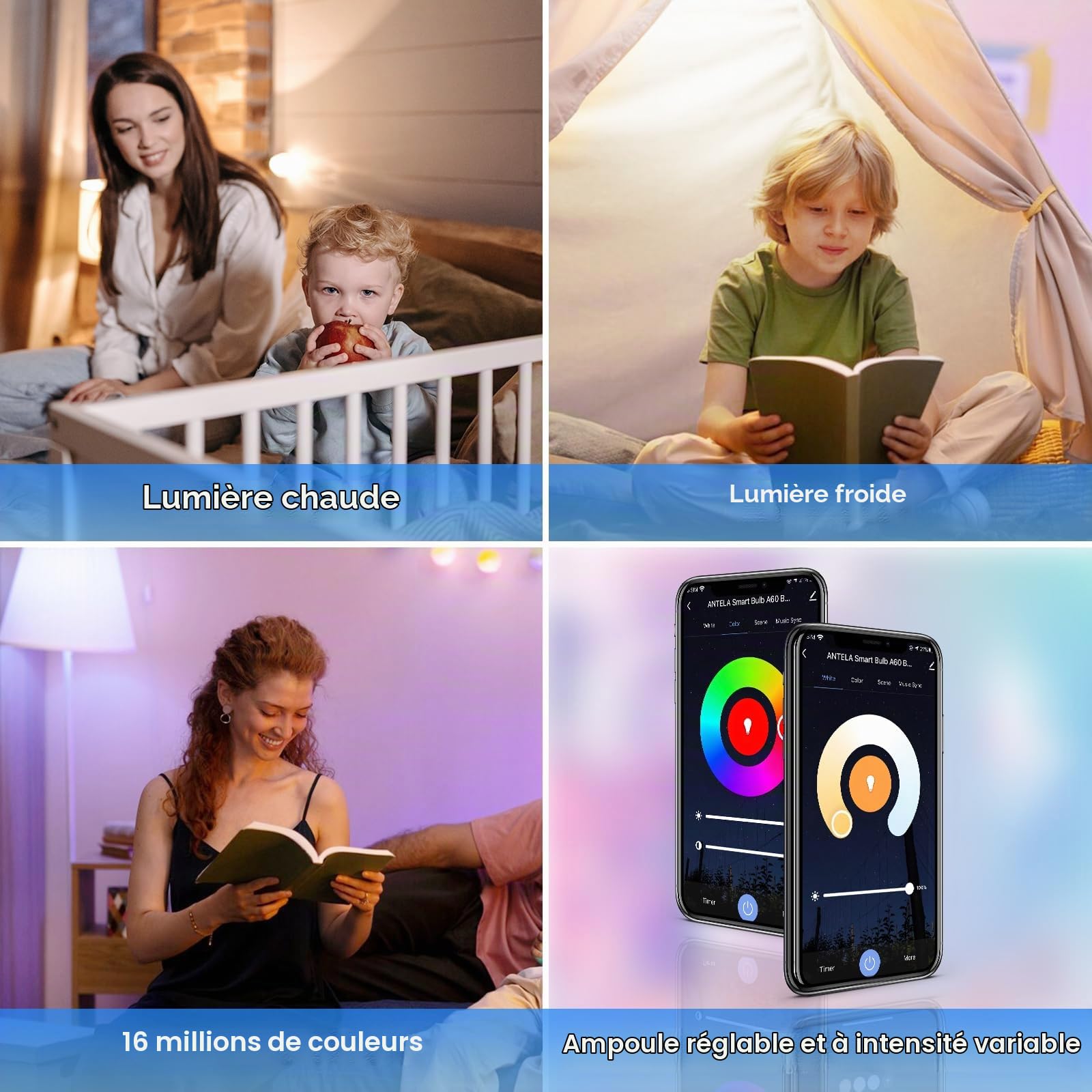 ANTELA Ampoule Connectée E27 WiFi 9W 1000LM Ampoule LED Intelligente RGB+CCT 2700K-6500K, Compatible avec Alexa Google Home, Smart Life APP, Commande Vocale, 4PCs