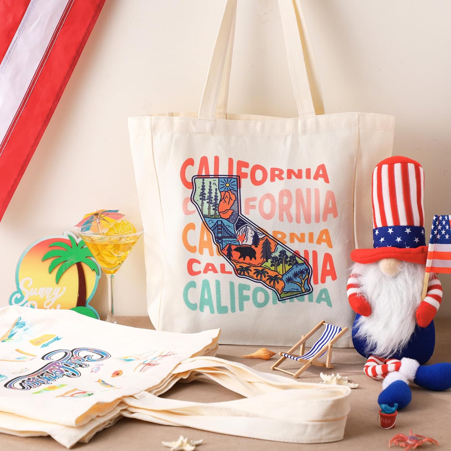 6 Pcs Large Canvas Tote Bags Reusable City Souvenir Grocery Bags with Handle Shopping Basket Bulk (California)