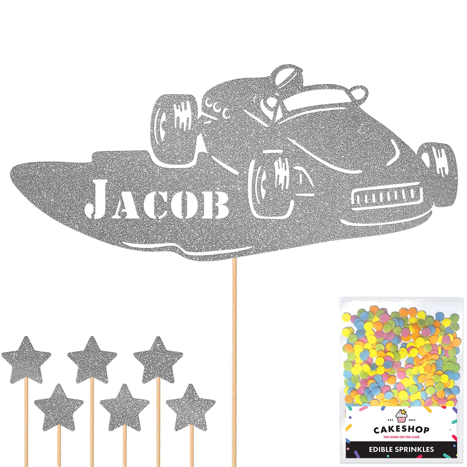Personalised Classic Vintage Car Glitter Topper - Dark Silver Custom Name Glitter Cake Decoration and Sprinkles - Happy Birthday Decorations - Personalised Toppers for Cakes by Cakeshop