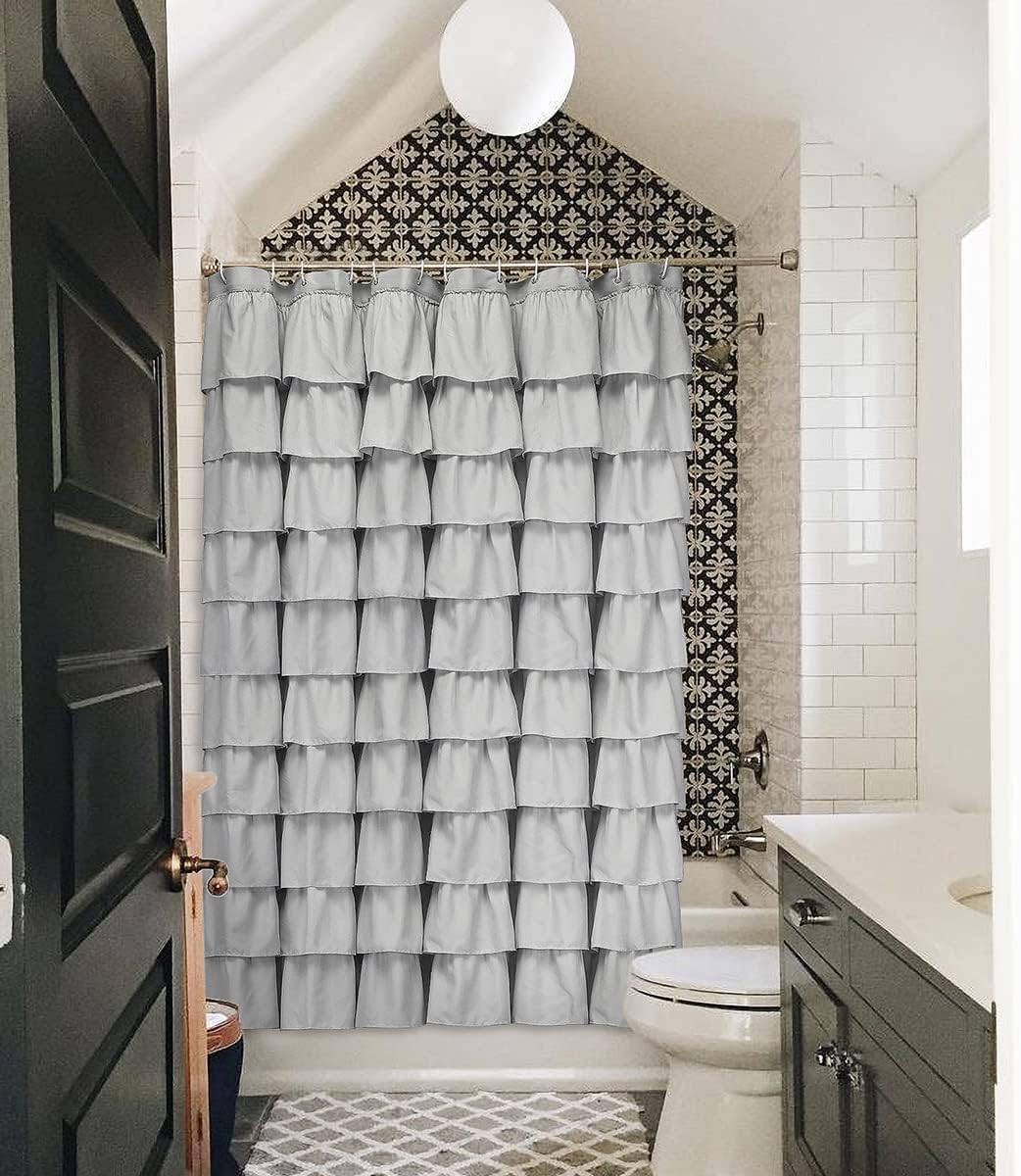 Volens Gray Shower Curtain, Ruffle Farmhouse Shower Curtain Fabric Bathroom Curtain Machine Washable, 72 x 72 inch Long