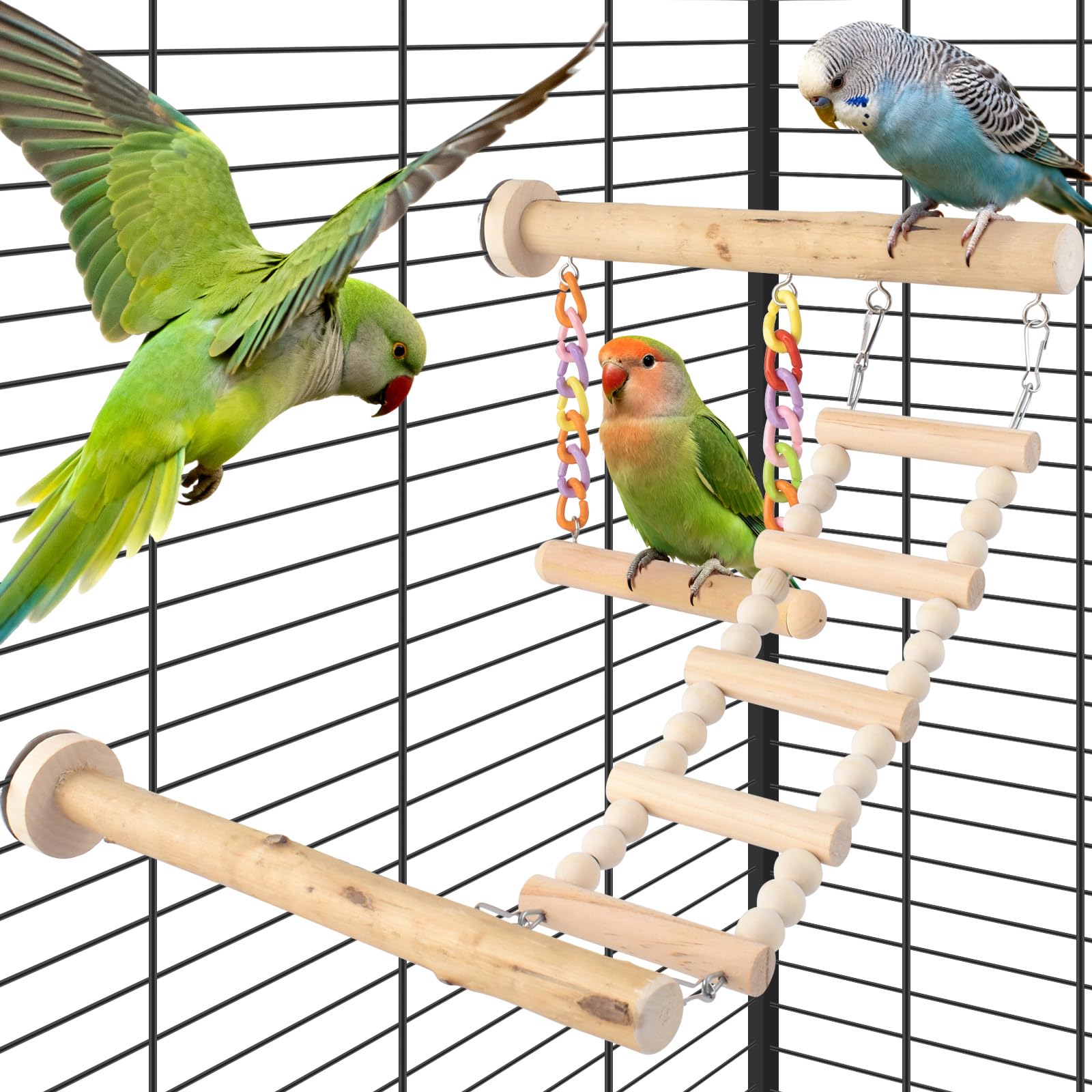 DBNESS Bird Perches Ladder with Swing, Natural Wood Parrot Climbing Bridge Perch Toys, Exercise Play Stand Parakeet Cage Accessories for Budgie Cockatiel Green-Cheeked Conure Caique