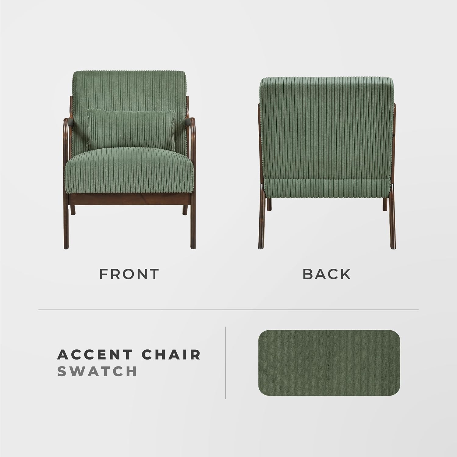 Lexicon Mid Century Modern Accent Chair-with Solid Wood Armrests and Legs, 1 Lumbar Pillow, Cushioned Seat and Backrest, Corduroy Comfy Lounge Arm Chair for Living Room, Bedroom, Office, Green