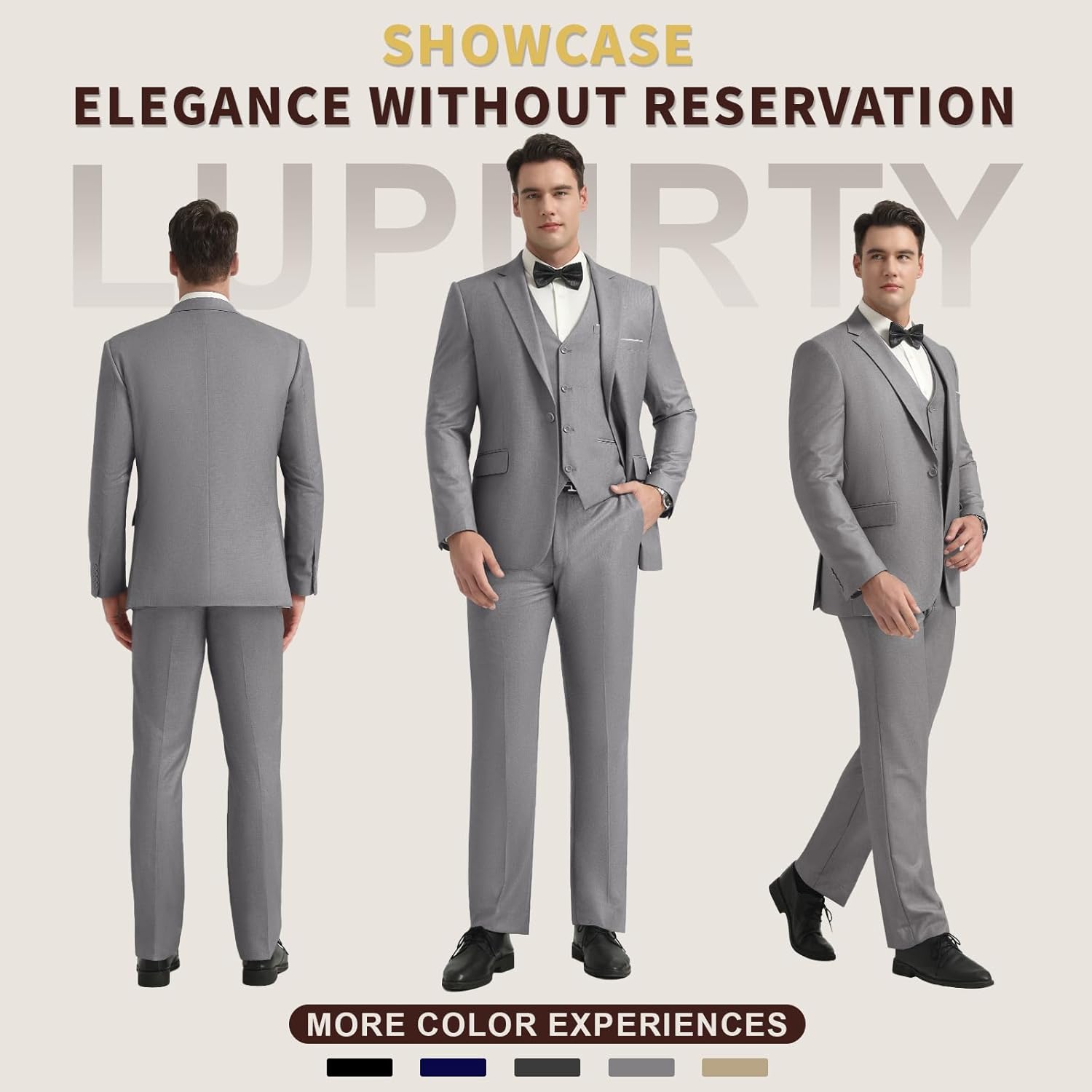 LUPURTY 3 Piece Suits for Men,Men's Suit Slim Fit,Business Solid One Button Wedding Tuxedo Blazer Vest Pants Set - Image 2