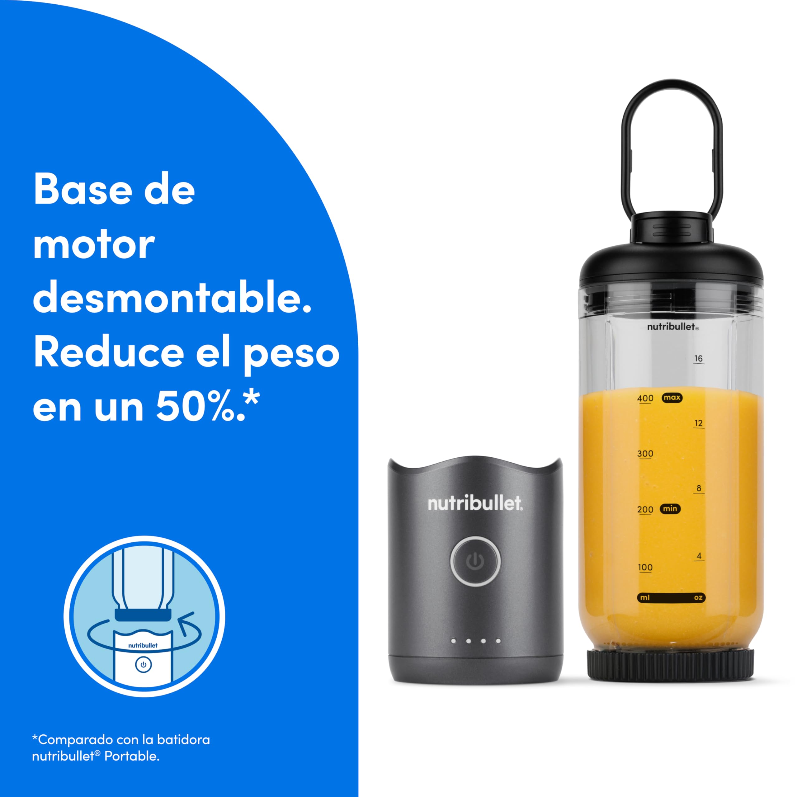 nutribullet Flex 590ml - Batidora Portátil para Smoothies con Tapa con Boquilla y Asa, Picadora, Tritura Hielo y Frutas Congeladas, USB-C, Vaso sin BPA, Fácil de Limpiar, Gris Grafito (NBP013GM)
