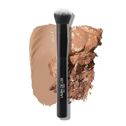 LAURA GELLER NEW YORK Brocha de maquillaje con mango de madera en negro medianoche, funciona con base, corrector, rubor, para aplicar y mezclar