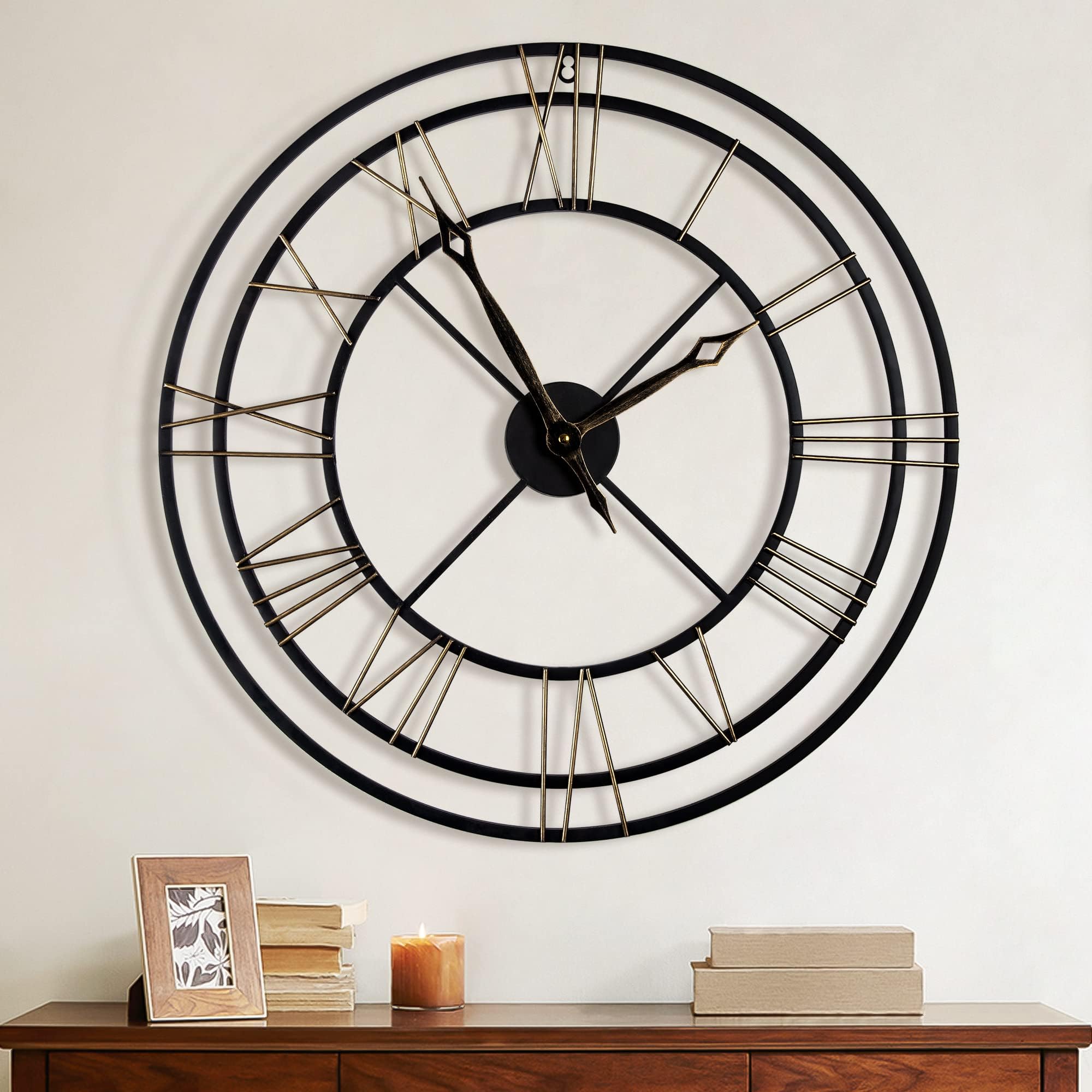 HAITANG 24 Inches Large Wall Clock, Oversized 24 Inches Antique Black Gold Roman Numeral Decorative Metal Clock Nearly Silent Modern Home Decor Clock for Living Room,Bedroom,Kitchen Wall Clocks 60CM