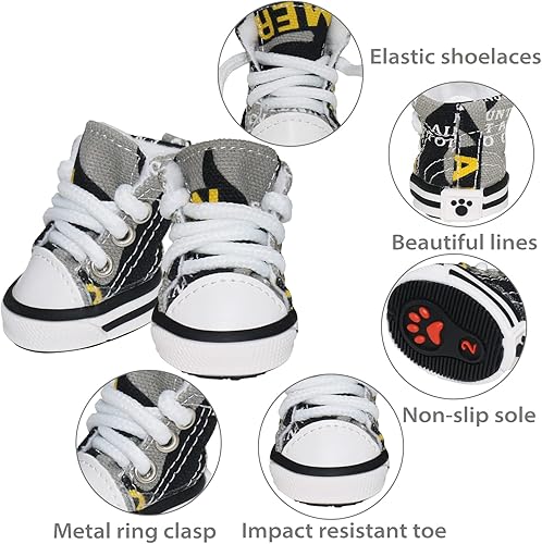 Miniatura 8 de BESUNTEK - 4 zapatos deportivos de lona para cachorros, antideslizantes, con graffiti y gato, cubierta protectora para patas, para caminar al aire