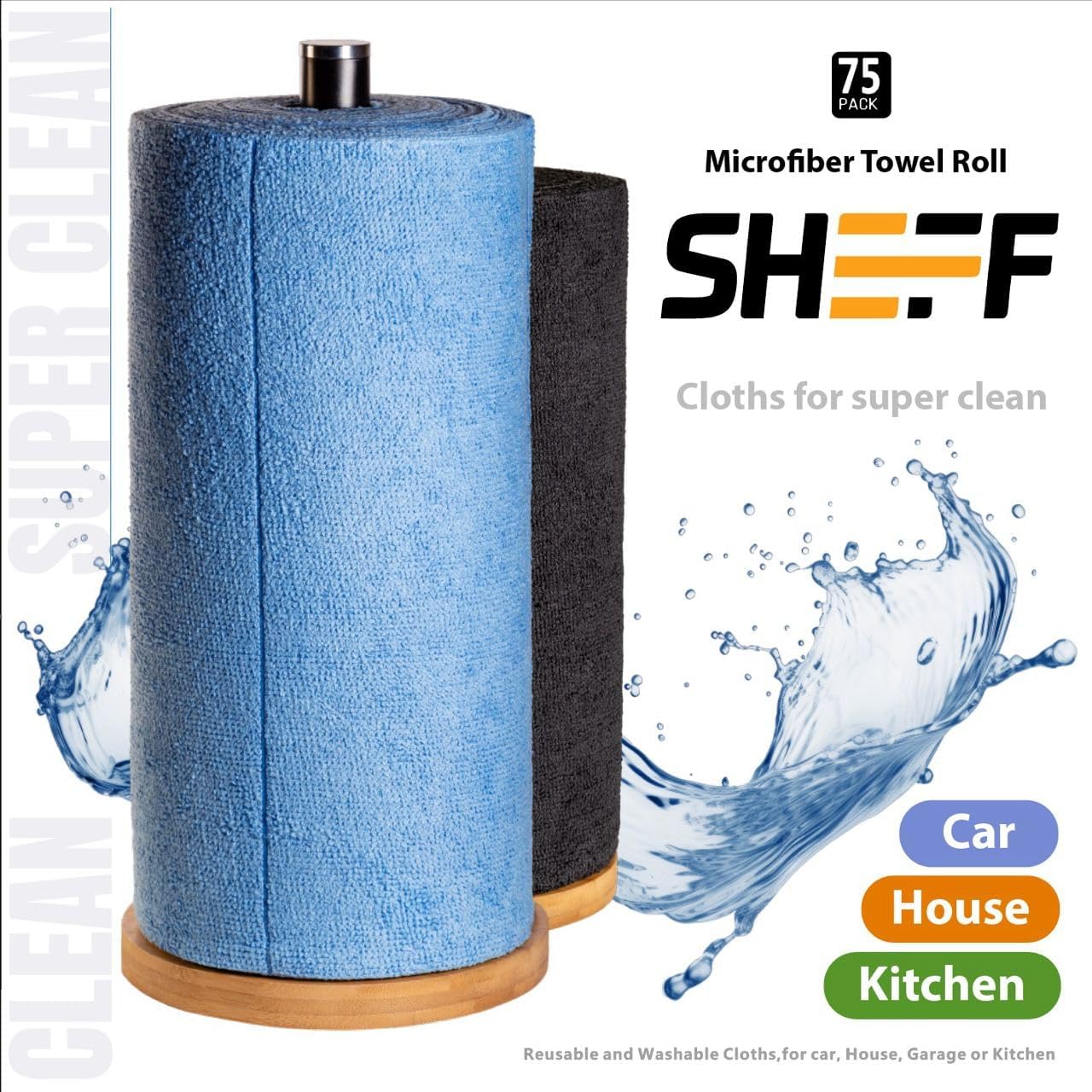 Sheff Microfiber Towel Roll - 75Pcs (12x12 inch), Tearable, Reusable Cleaning Cloth for Car, House, Kitchen Microfiber Rags (Blue)