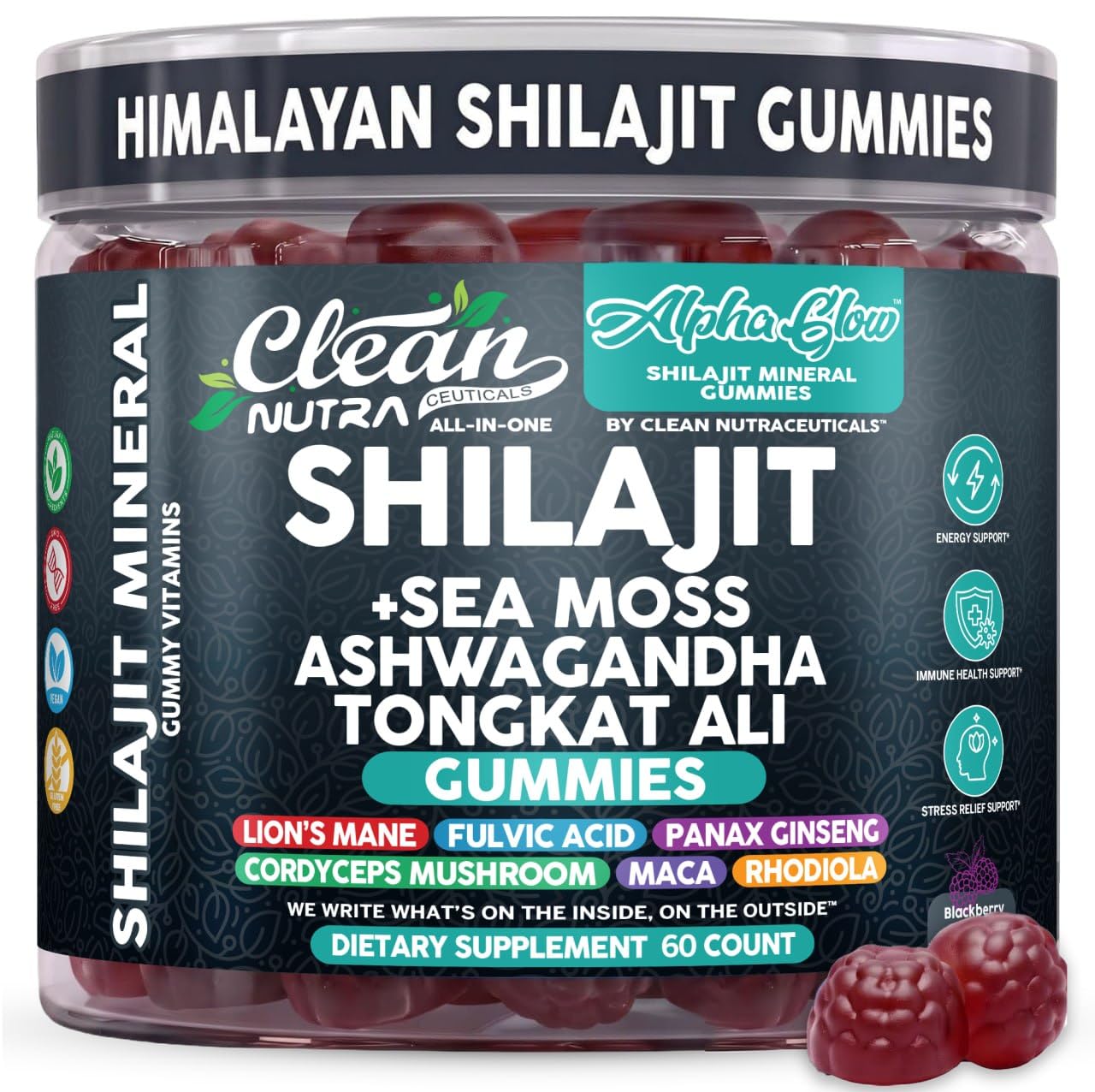 Alpha Glow Shilajit Gummies with Irish Sea Moss Tongkat Ali Ashwagandha Lion's Mane MACA Panax Ginseng Rhodiola & Cordyceps By Clean Nutra (1)