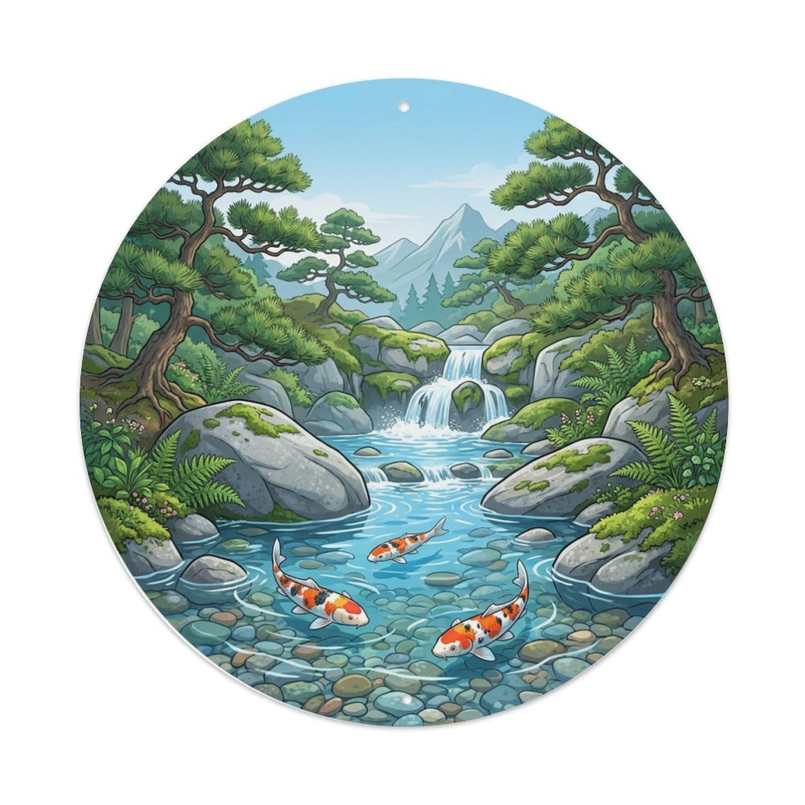 Galvaxio Style Japanese Koi Fish Mountain Stream Clear Flow Metal Tin Sign